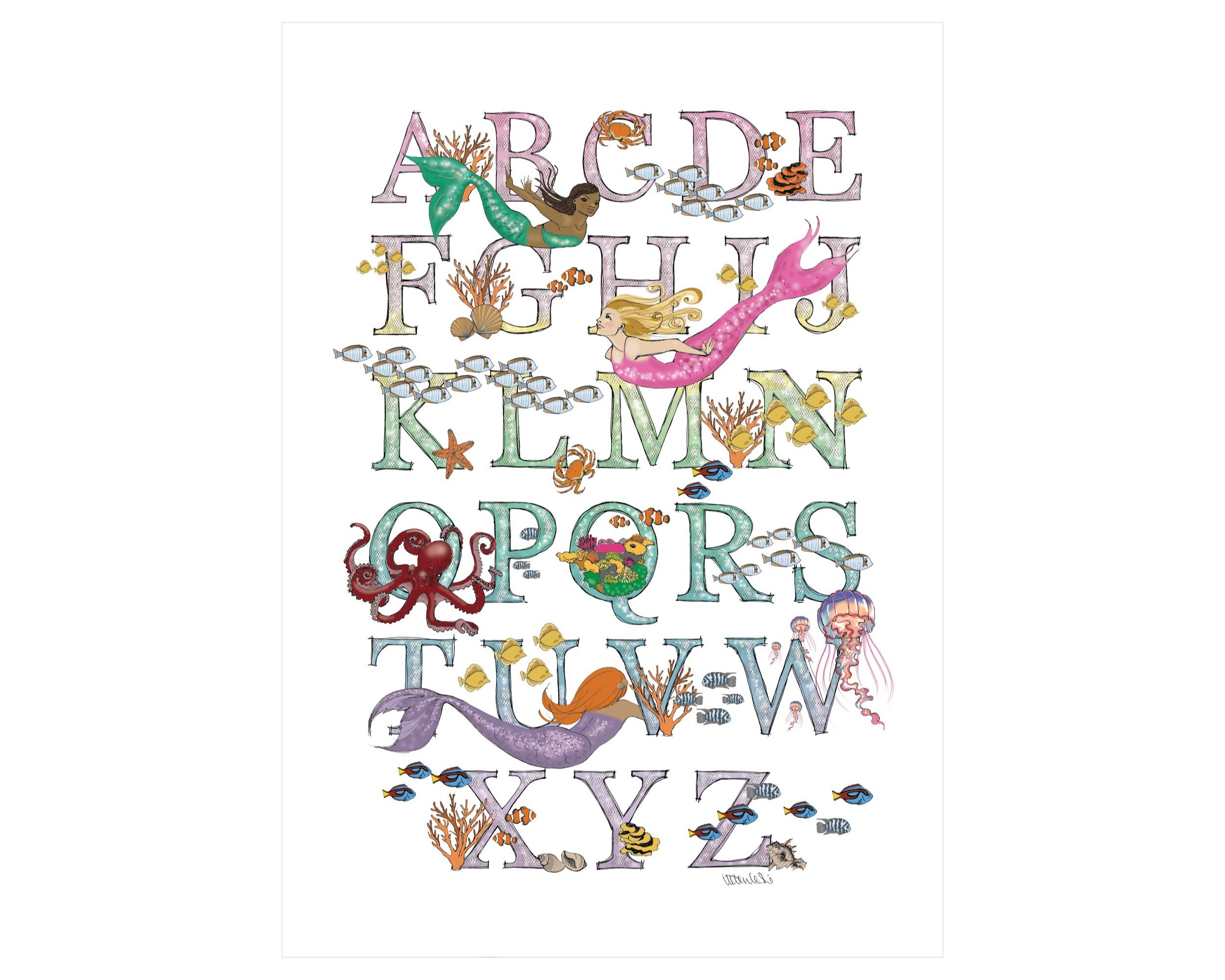 Mermaids under the sea ombre rainbow alphabet print poster kids wall art illustrated by Devon artist Helen Leslie Illustrator