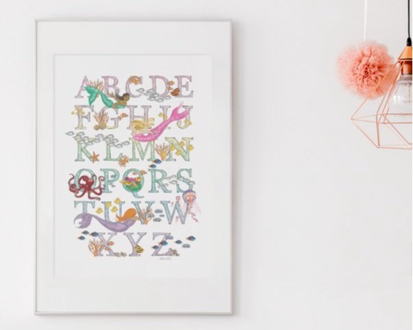 Mermaids under the sea ombre rainbow alphabet print poster kids wall art illustrated by Devon artist Helen Leslie Illustrator