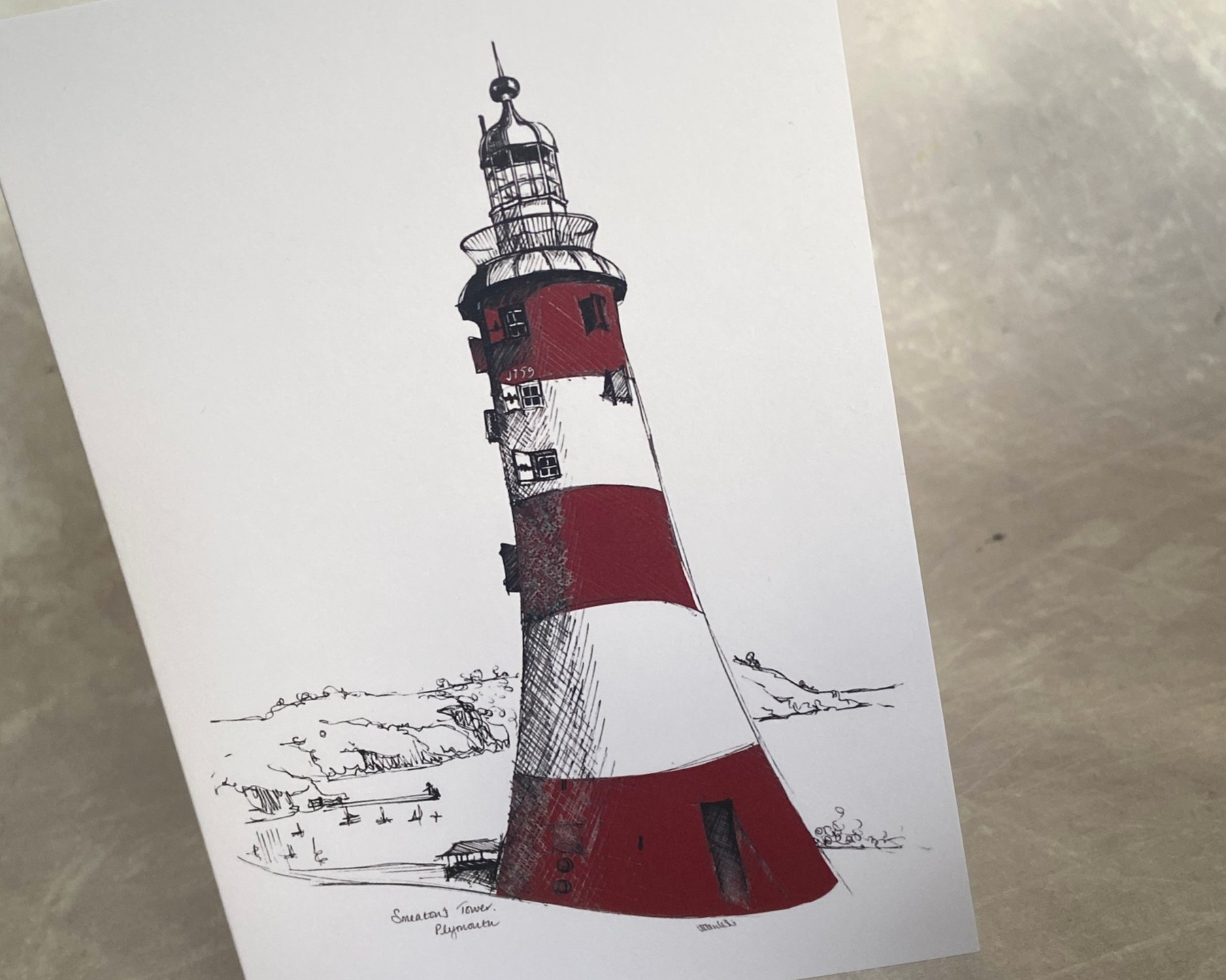 Smeaton’s Tower, Plymouth’s iconic lighthouse illustrated greetings card by Devon artist Helen Leslie Illustrator