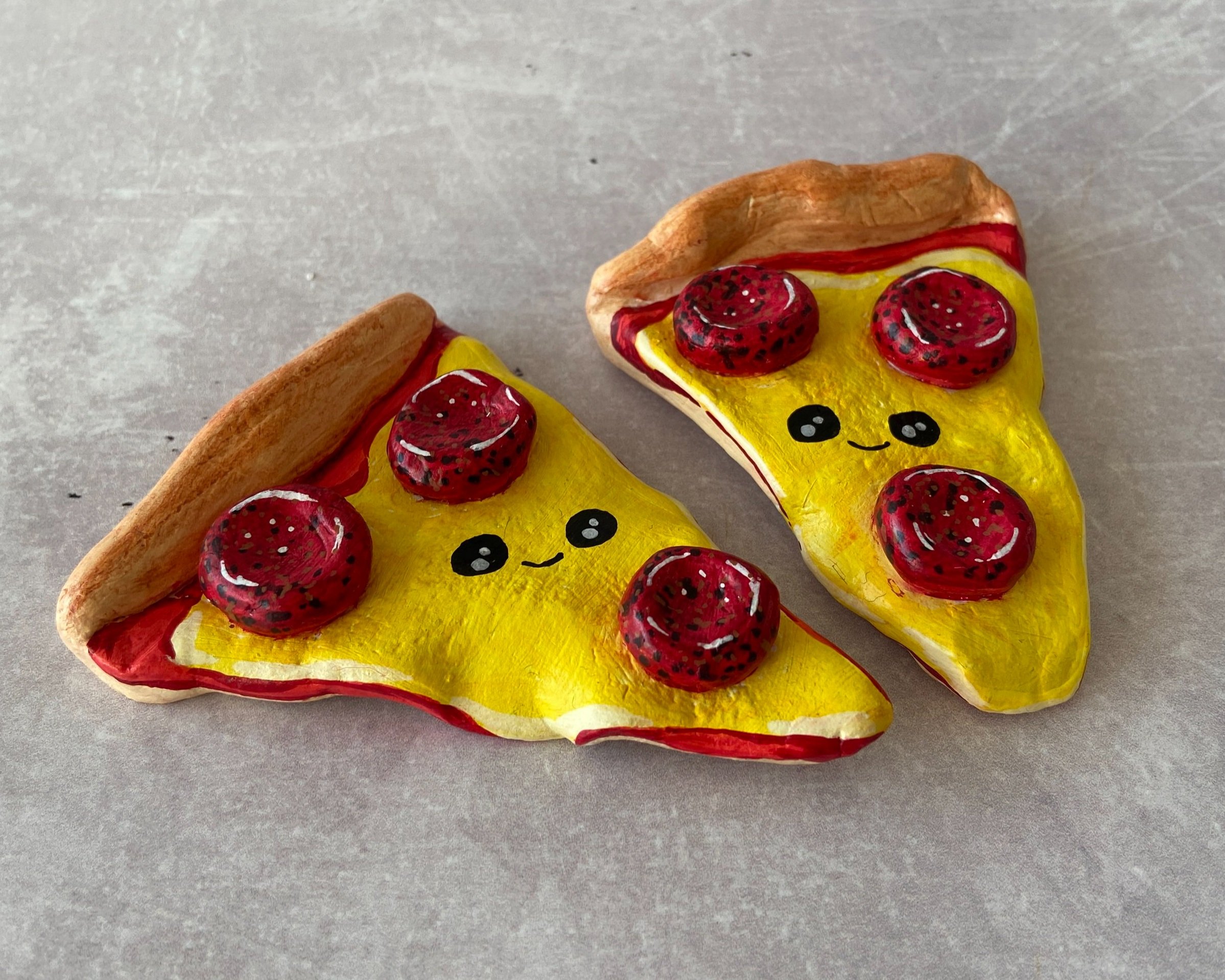 Pepperoni pizza cute clay character desk buddy handmade by Devon artist Helen Leslie Illustrator