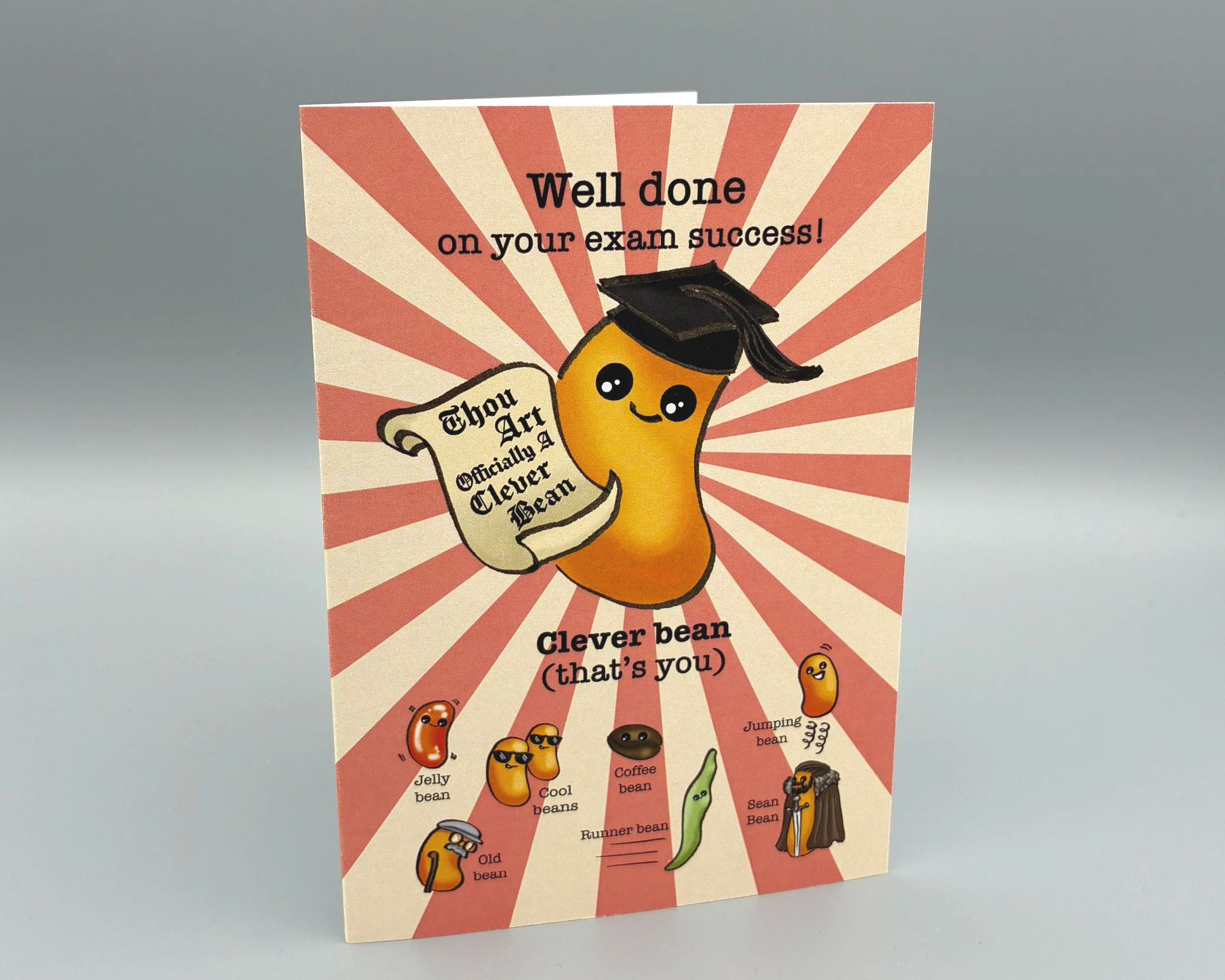 Clever Bean well done on your exams bean puns greetings card by Devon artist Helen Leslie Illustrator