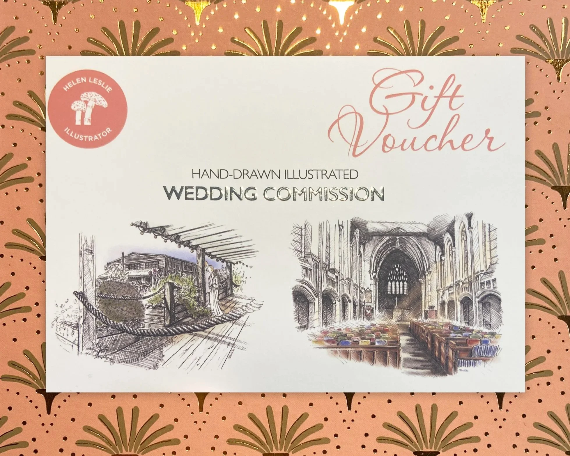 Gift Voucher for bespoke wedding illustration commission by Devon artist Helen Leslie Illustrator