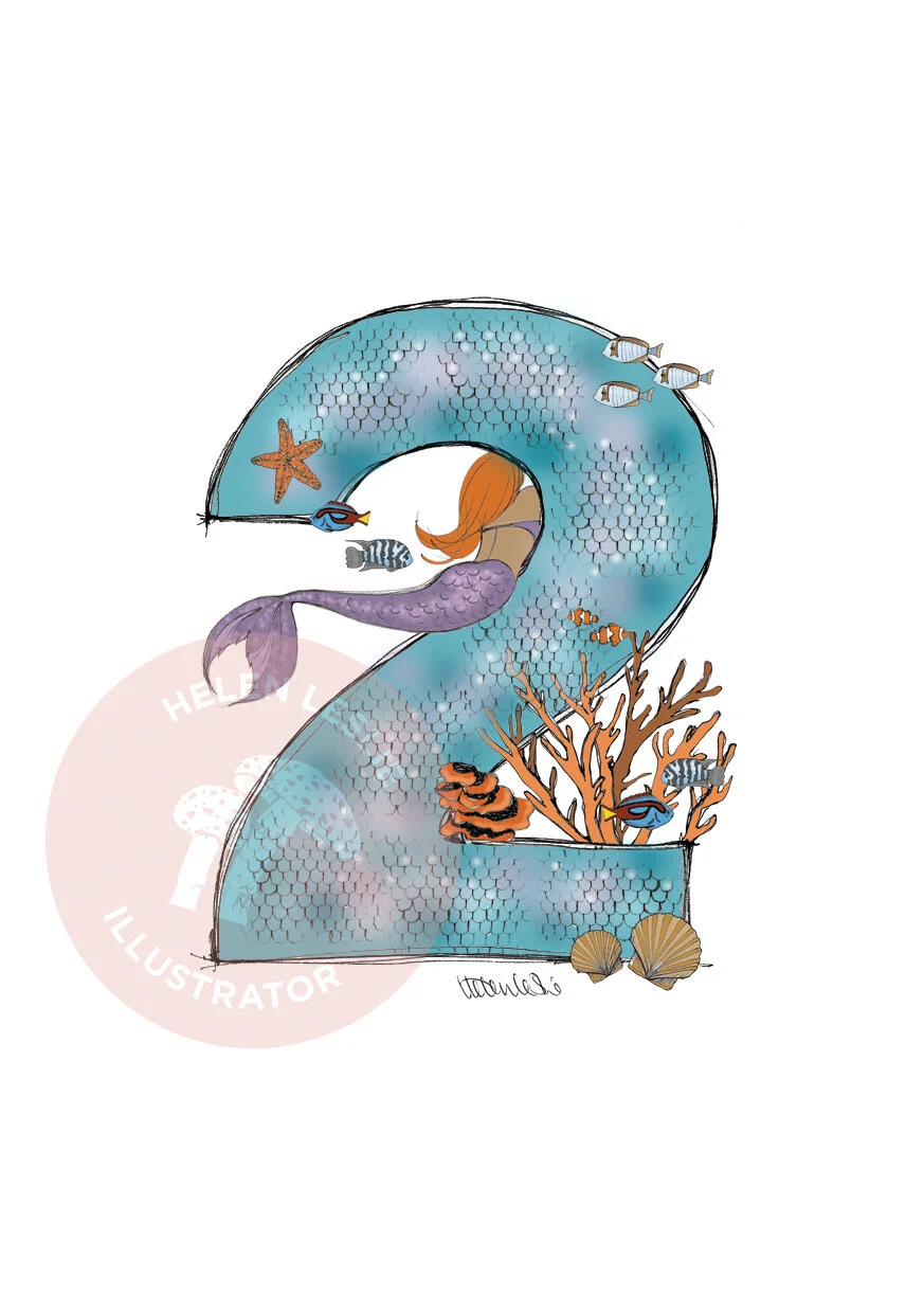 Mermaid number birthday card (ages 1-9)