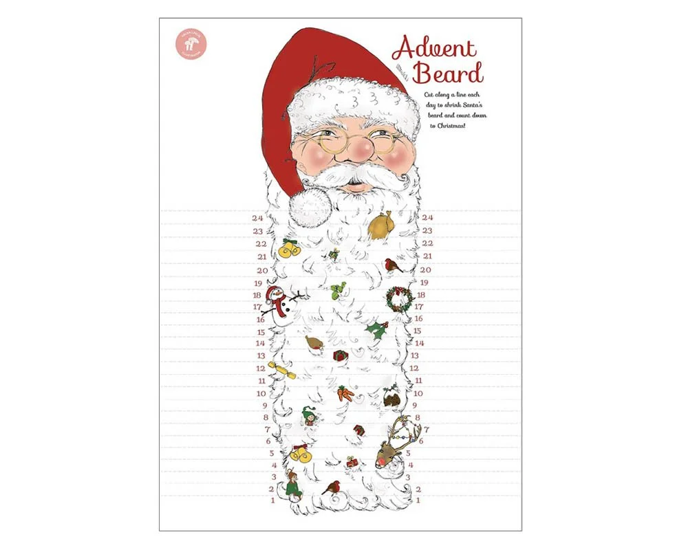 Father Christmas Advent Beard Advent Calendar xmas advent fine motor skills activity for children by Devon artist Helen Leslie Illustrator