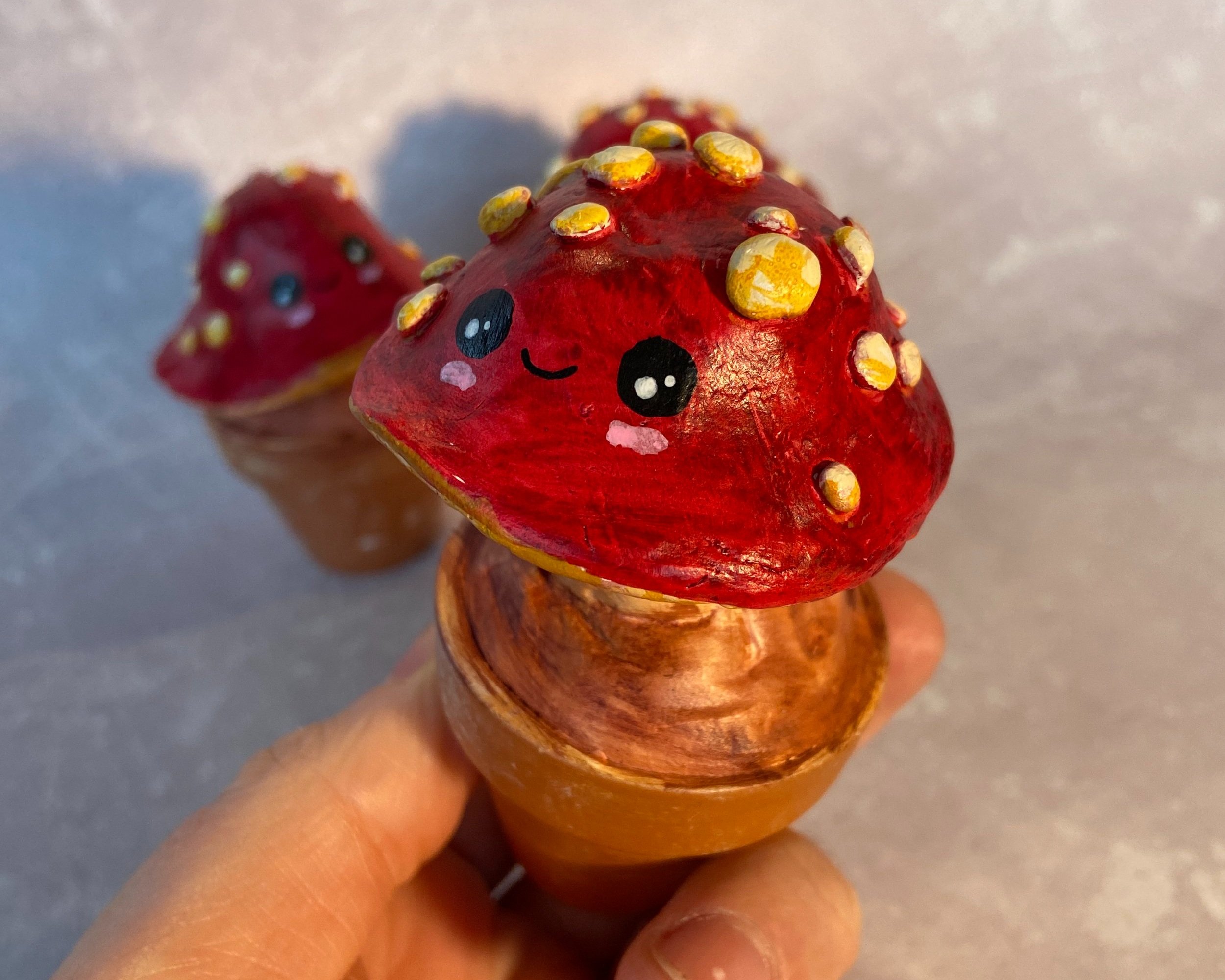 Toadstools fungi cute clay character desk buddy handmade by Devon artist Helen Leslie Illustrator