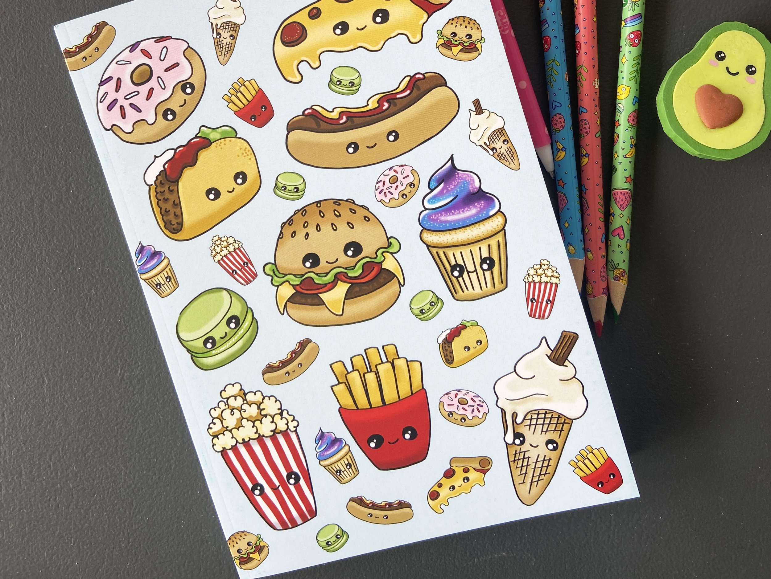 Cute food notebooks in illustrated Kawaii-style by Devon artist Helen Leslie Illustrator