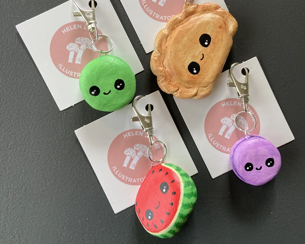 Bag charm keychains handmade from clay cute food designs