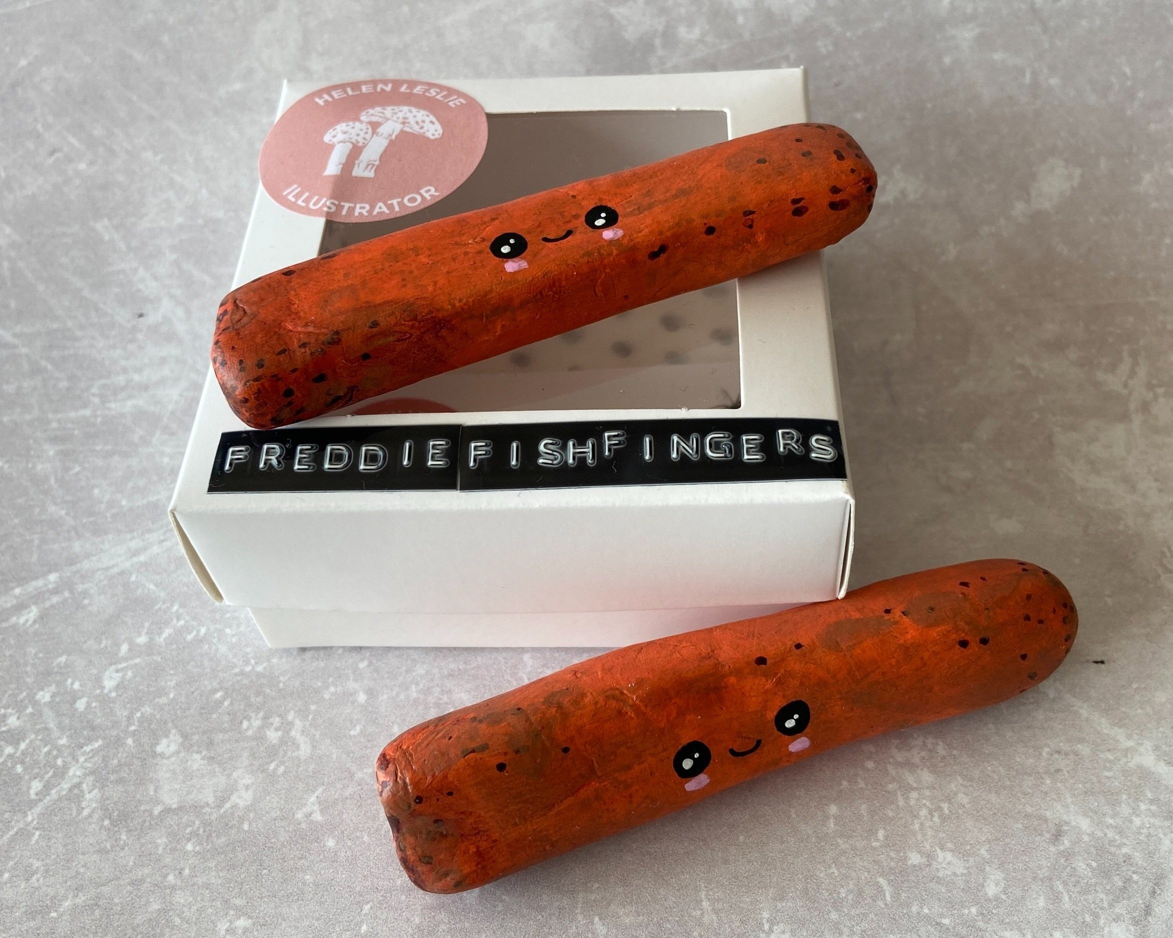 Fishfingers cute clay character desk buddy handmade by Devon artist Helen Leslie Illustrator
