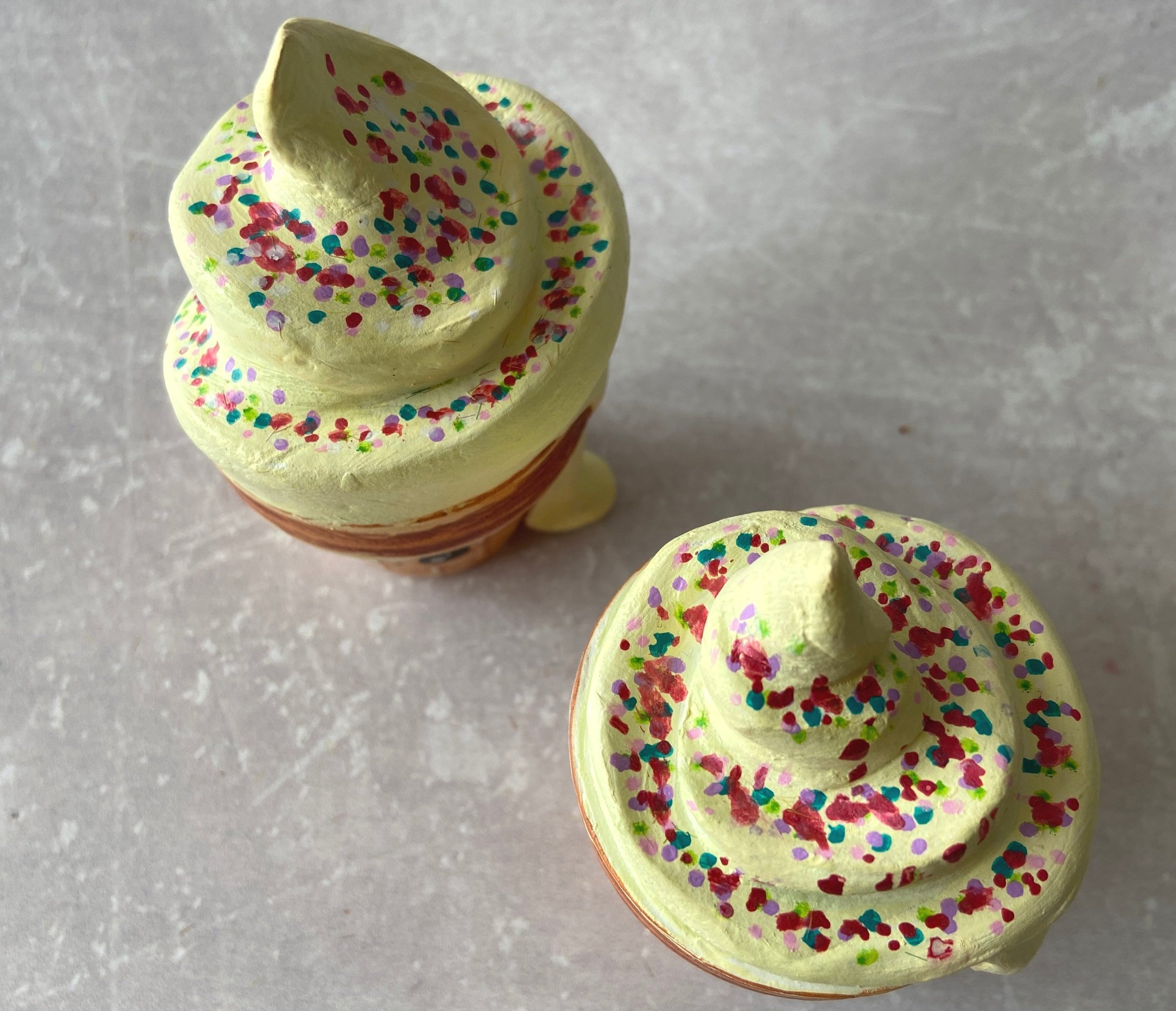 Ice cream cup cone cute clay character desk buddy handmade by Devon artist Helen Leslie Illustrator