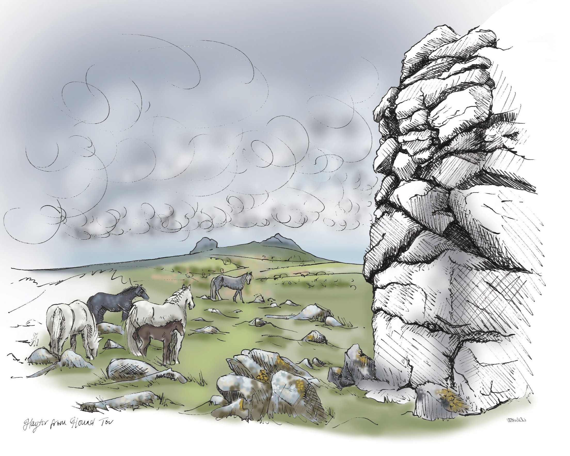 View of Haytor from Hound Tor in Dartmoor National Park illustrated by Devon artist Helen Leslie Illustrator