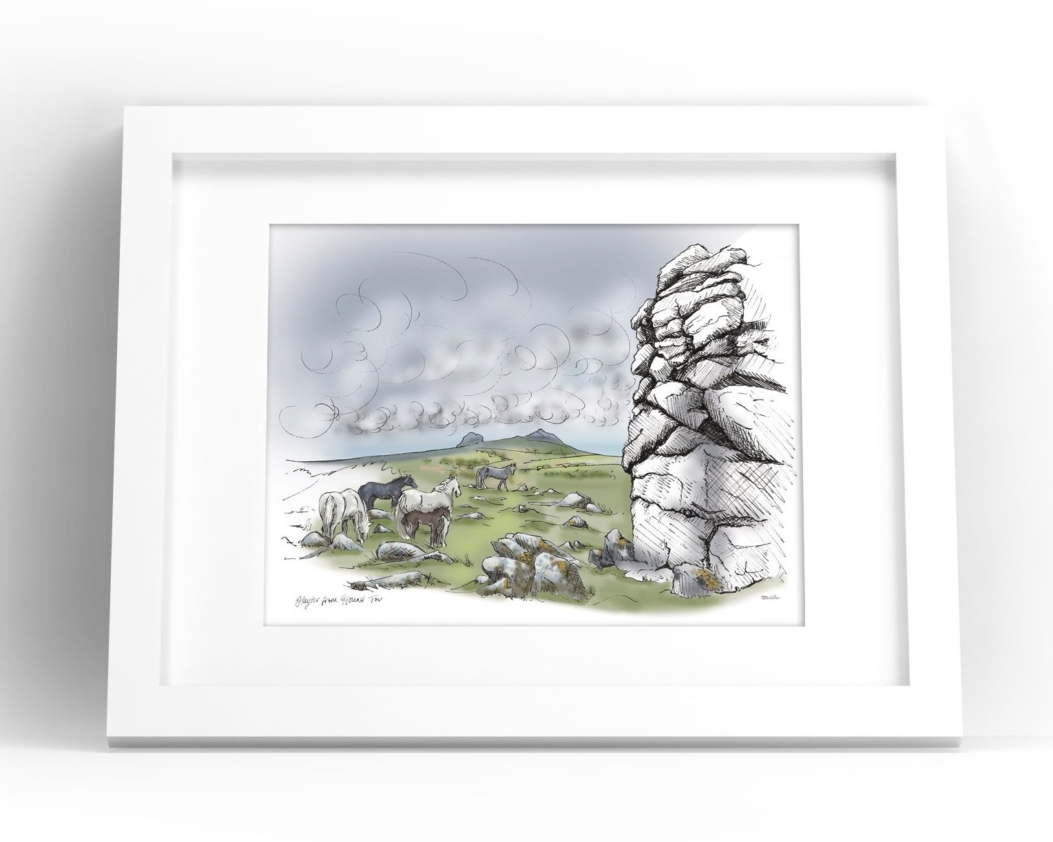 View of Haytor from Hound Tor in Dartmoor National Park illustrated by Devon artist Helen Leslie Illustrator
