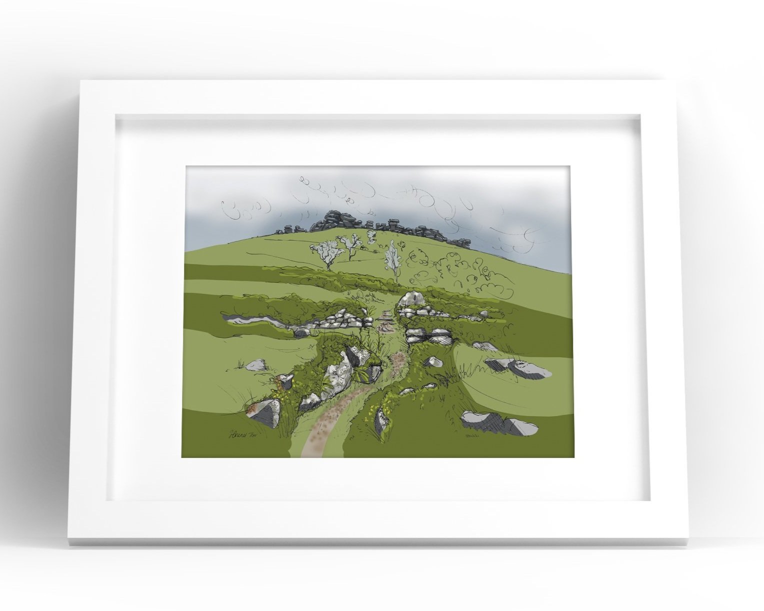 View of Hound Tor from the Bronze Age medieval village settlement in Dartmoor National Park illustrated by Devon artist Helen Leslie Illustrator