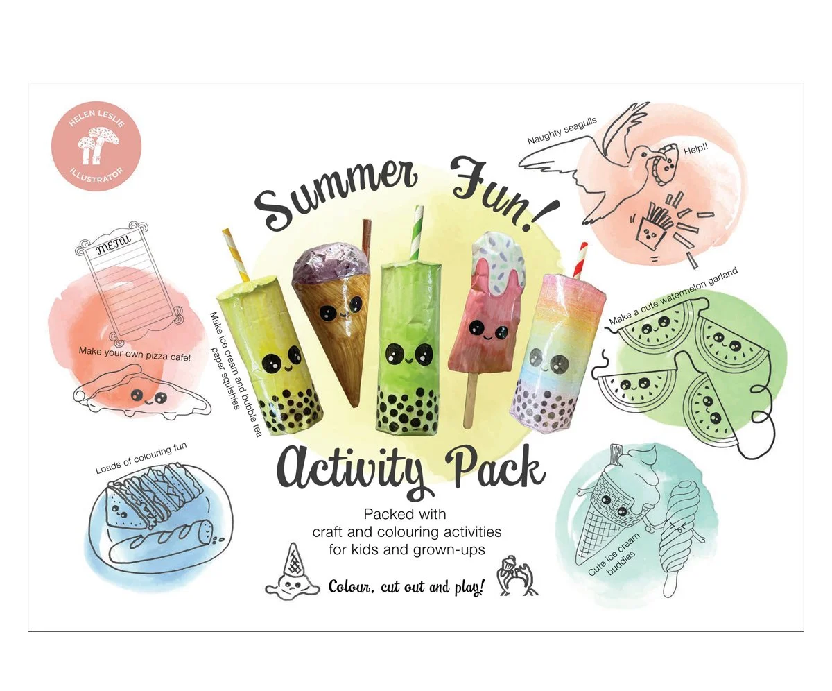 Summer Fun activity pack affordable and fun papercraft and colouring activities for kids in school summer holidays - make boba bubble tea squishies, make your own ice cream squishies