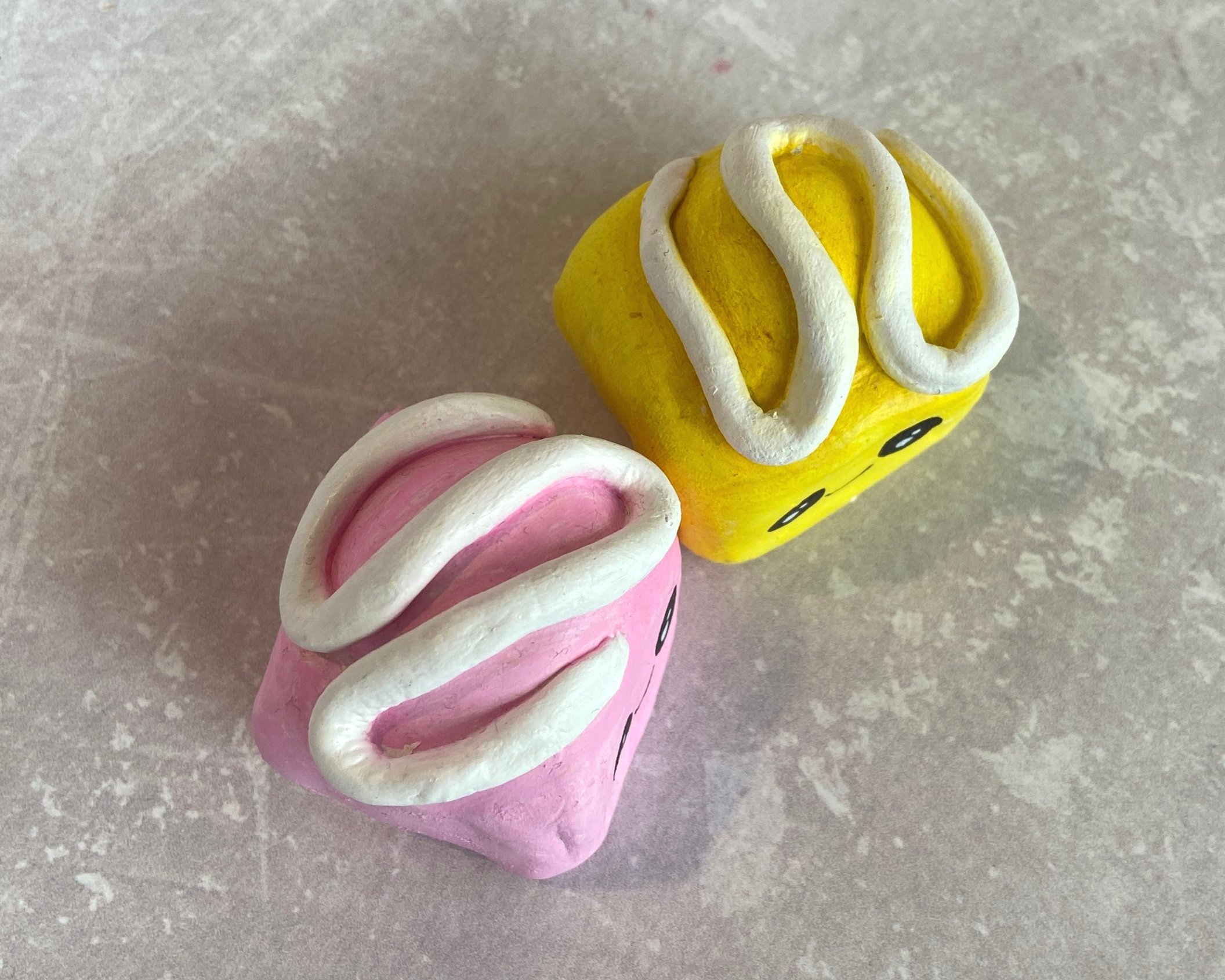 French fondant fancy cute clay character desk buddy handmade by Devon artist Helen Leslie Illustrator