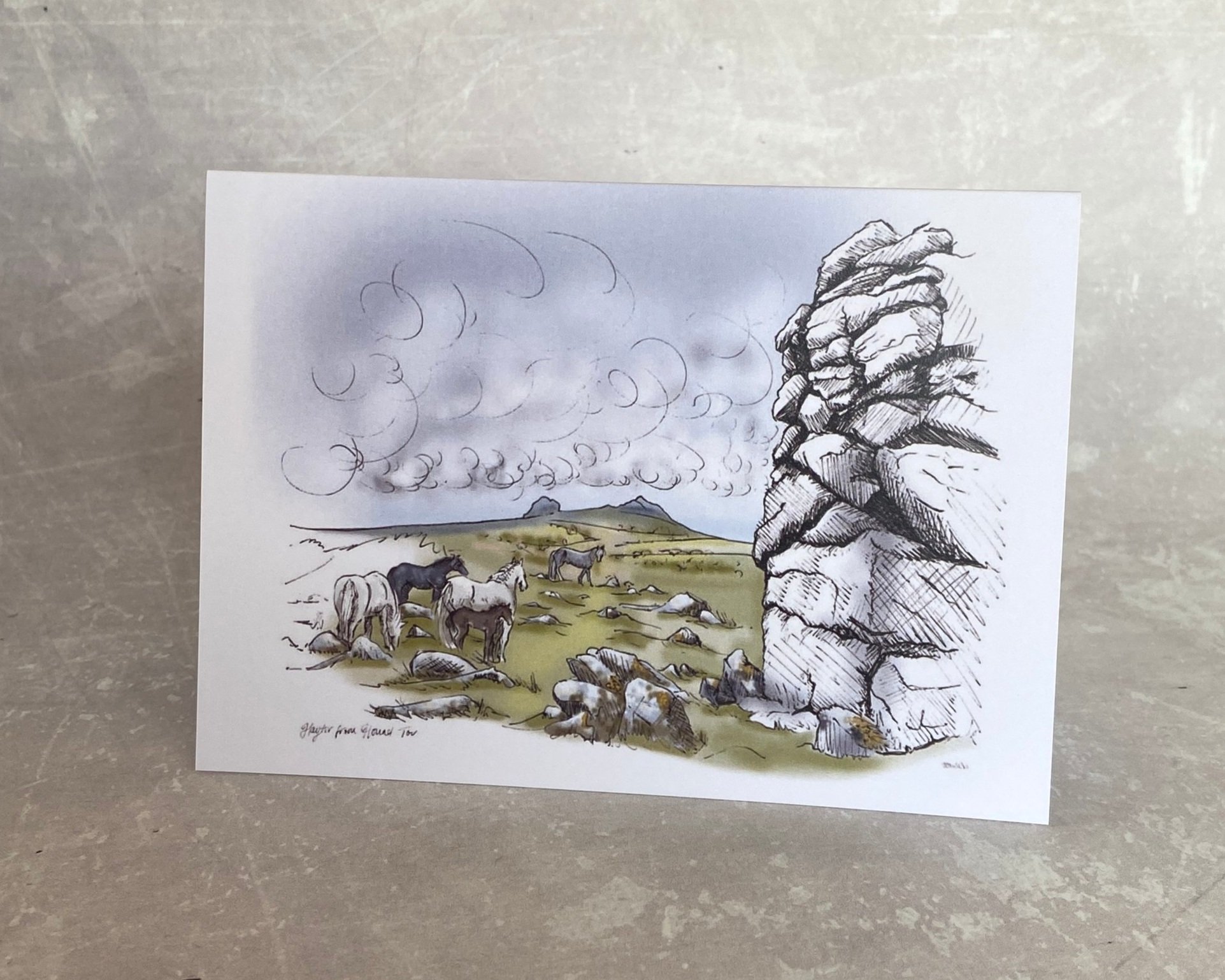 Haytor viewed from Hound Tor, Dartmoor, illustrated greetings card by Devon artist Helen Leslie Illustrator