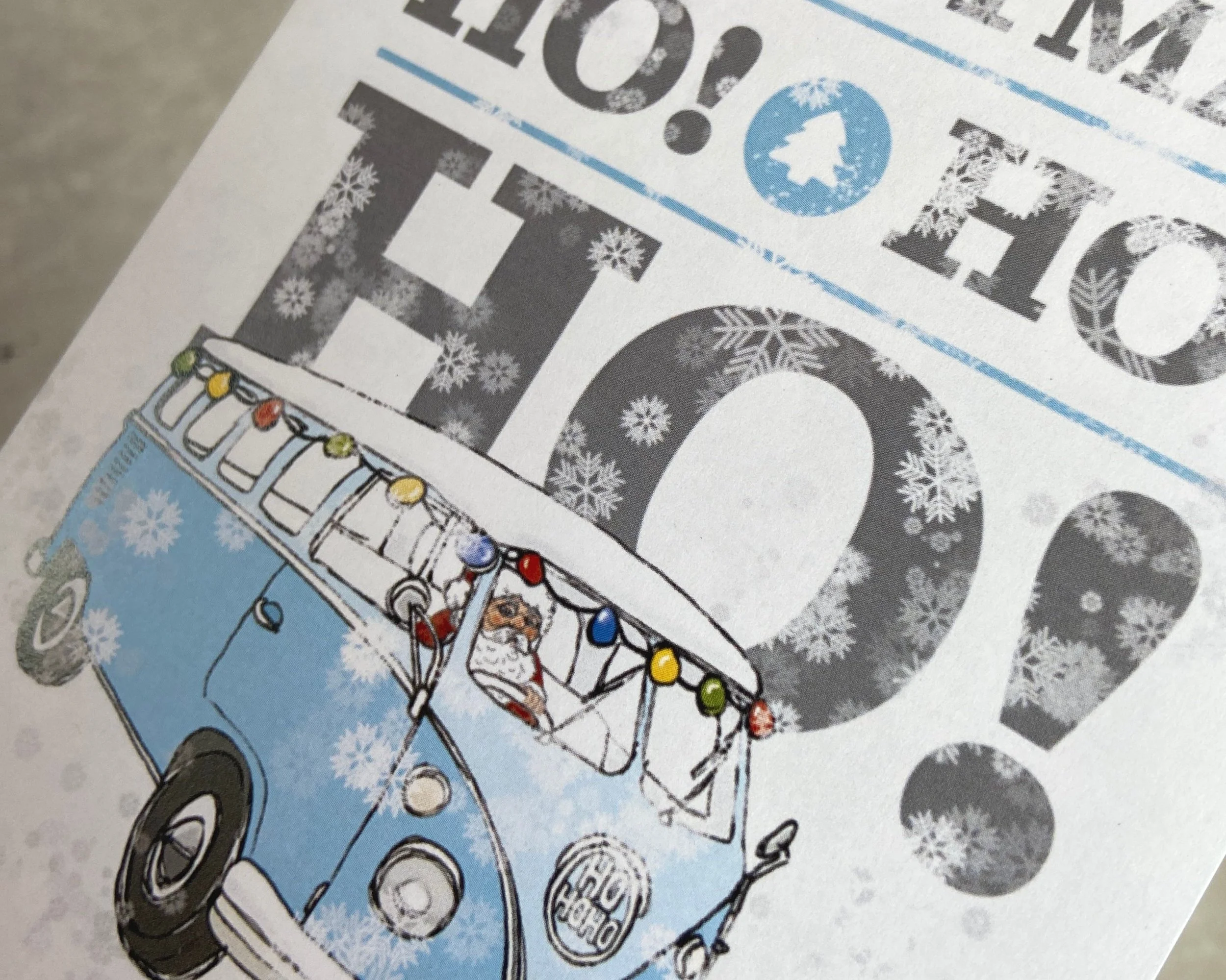 Merry Christmas snowy retro camper van illustrated greetings card by Devon artist Helen Leslie Illustrator