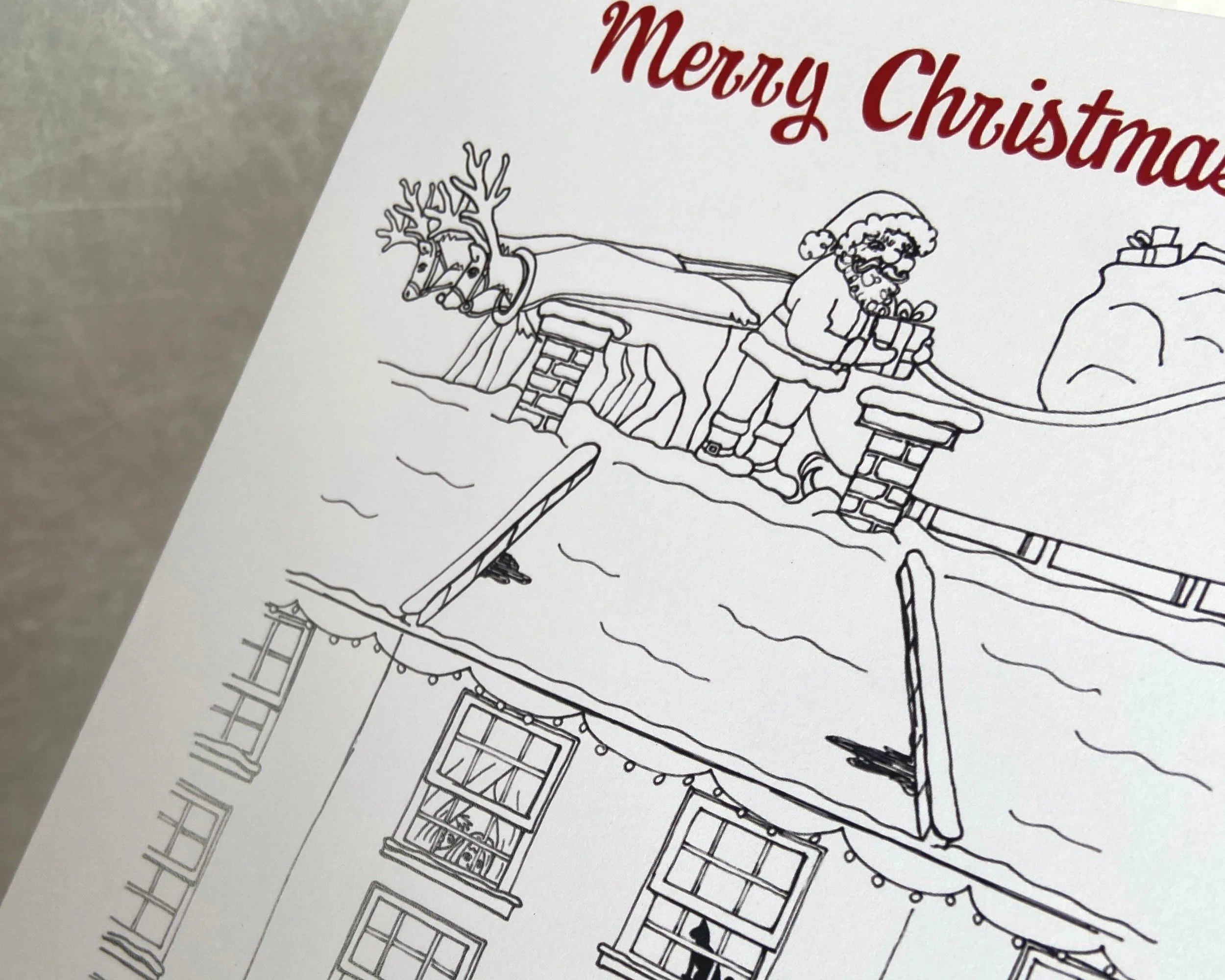 Christmas colouring activity card for children by Devon artist Helen Leslie Illustrator