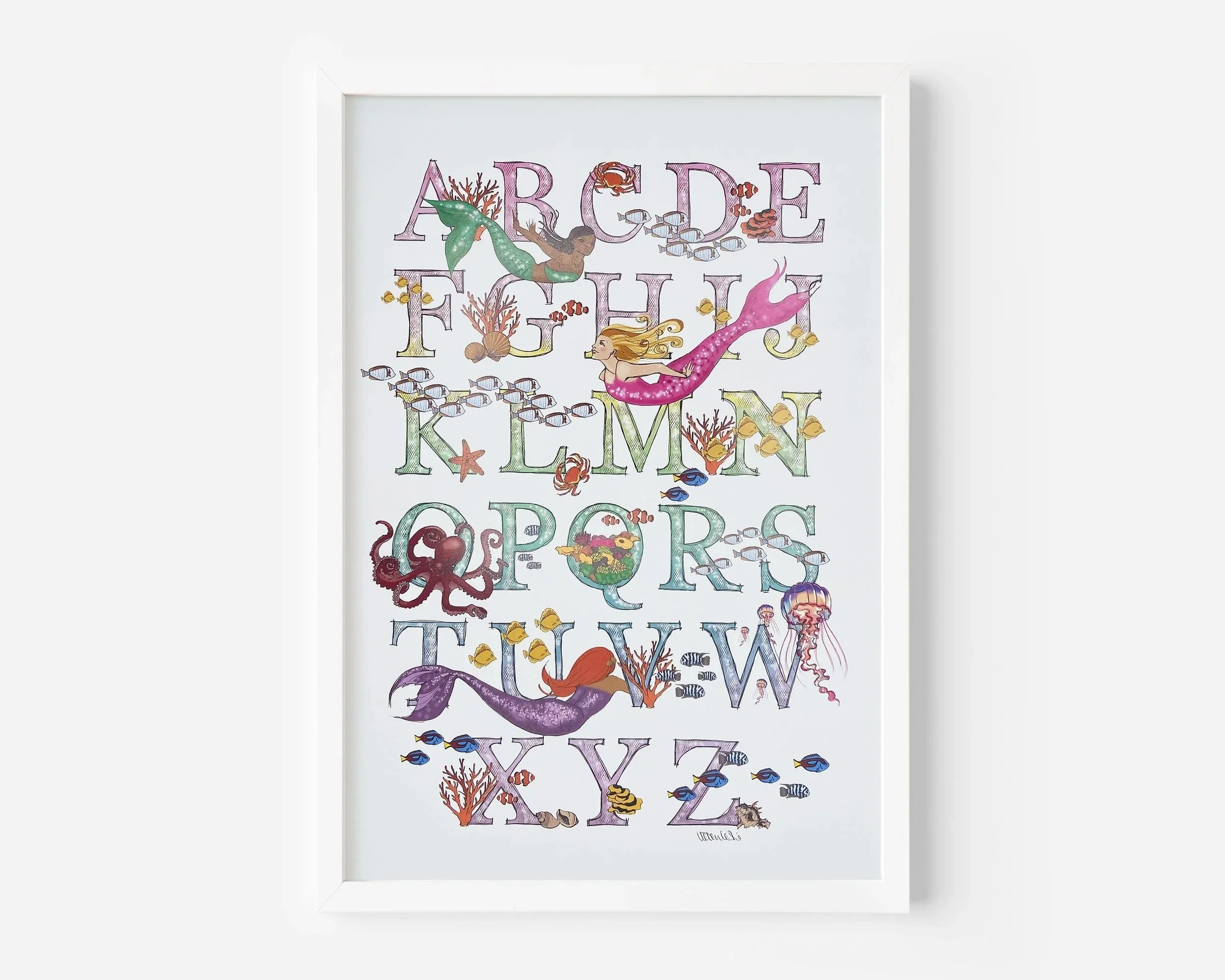 Illustrated Mermaids under the sea ocean creatures coral Alphabet poster print for children's bedrooms wall decor by Devon artist Helen Leslie Illustrator