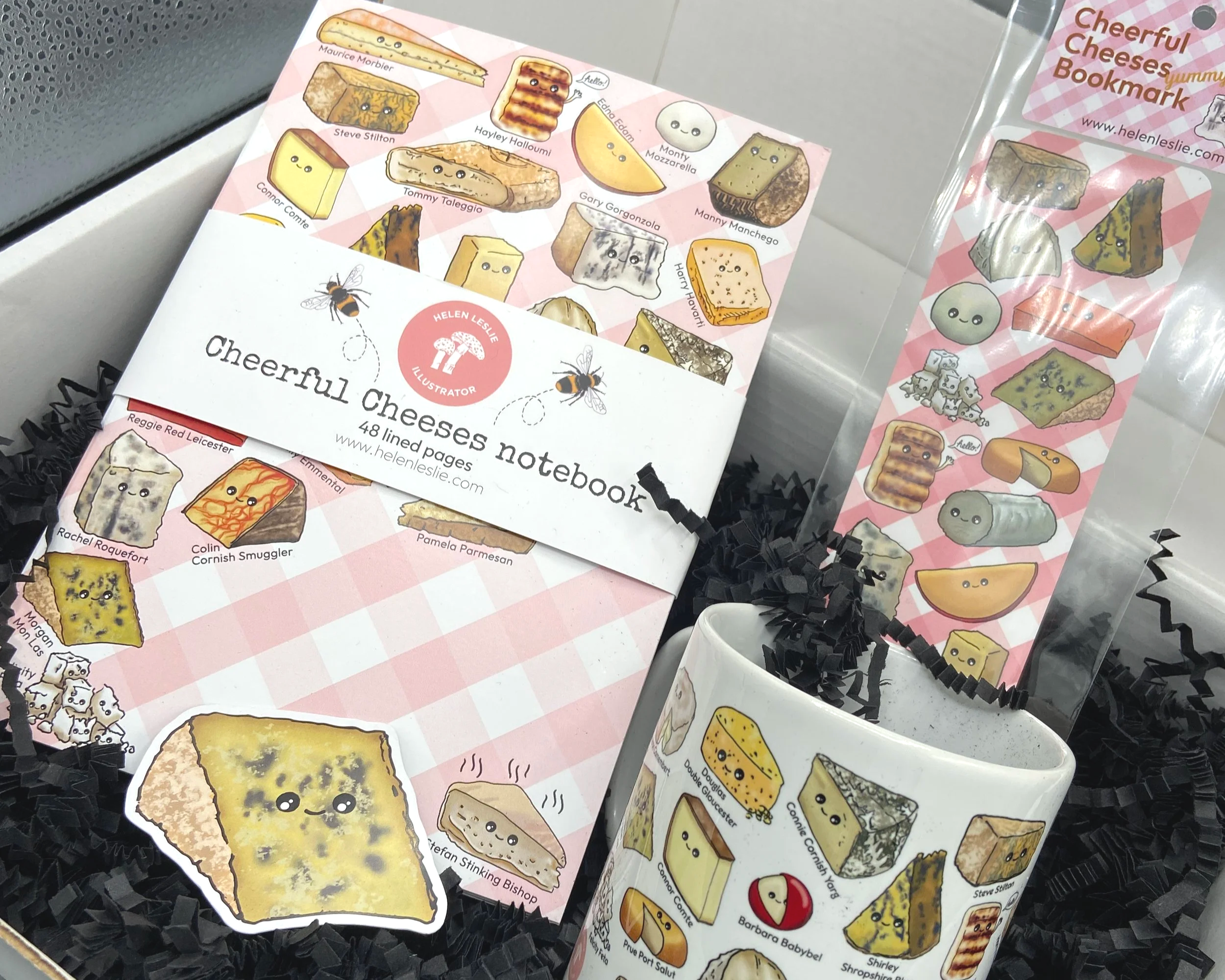 Cheerful Cheeses collection gift box illustrated cheeses on mug, notebook, bookmark and fridge magnet in beautifully designed packaged gift box ideal Christmas gift for cheese lovers