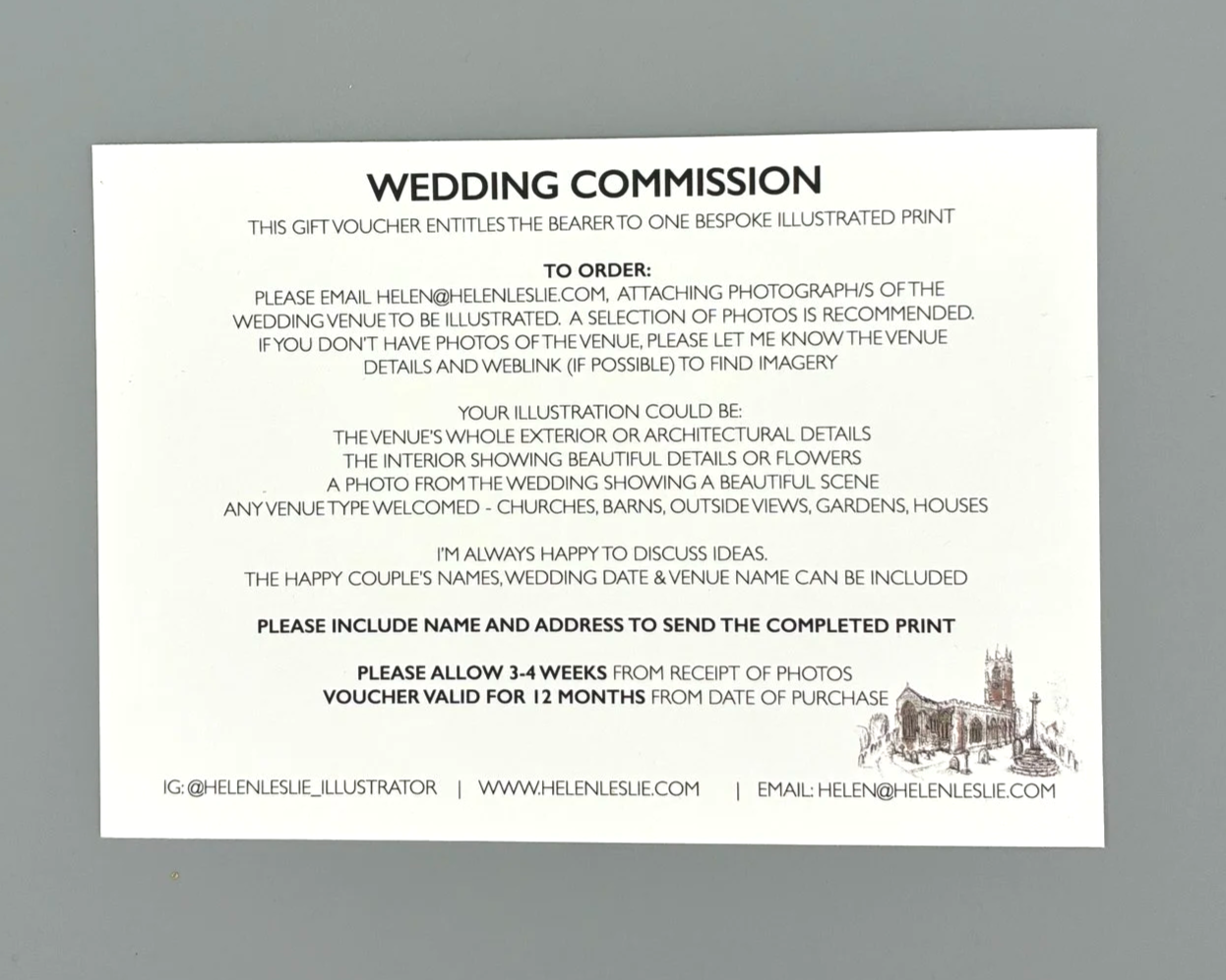 Gift Voucher for bespoke wedding illustration commission by Devon artist Helen Leslie Illustrator