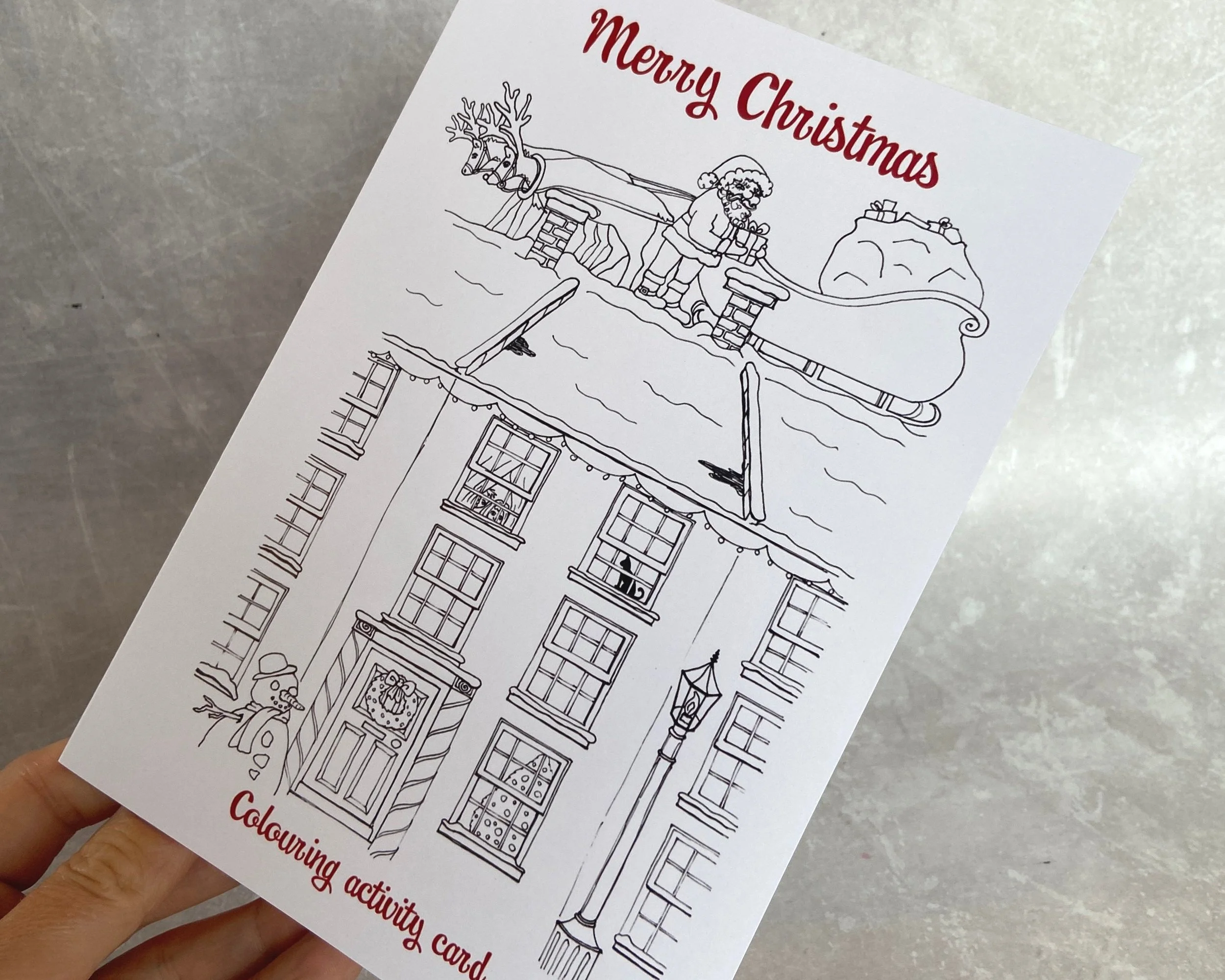 Christmas colouring activity card for children by Devon artist Helen Leslie Illustrator