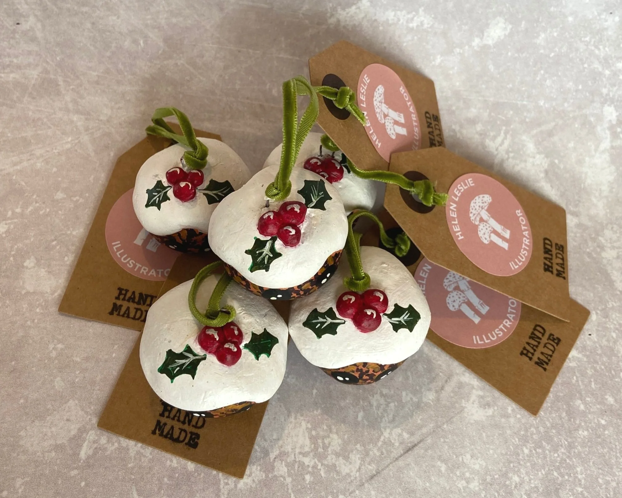 Christmas Pudding Handmade cute kawaii food clay Christmas tree decorations handpainted by Devon artist Helen Leslie Illustrator