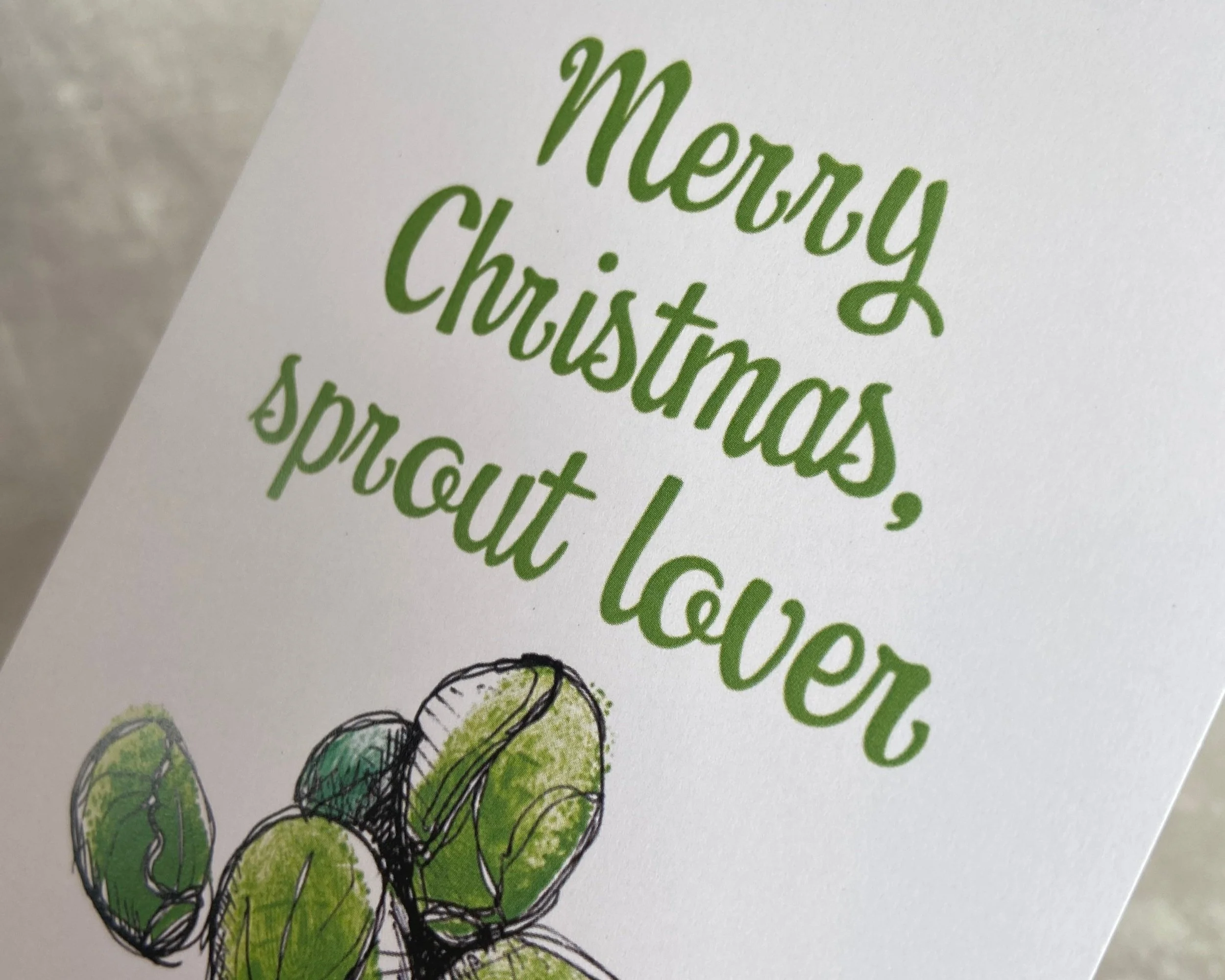 Merry Christmas, sprout lover illustrated greetings card by Devon artist Helen Leslie Illustrator