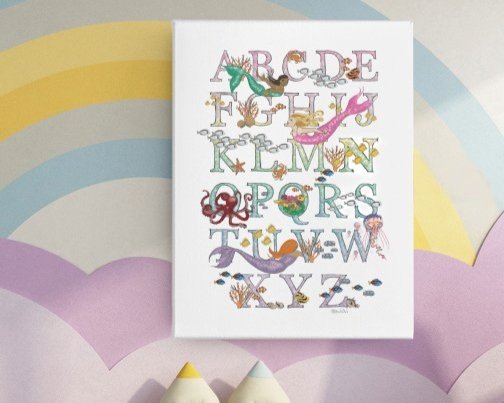Mermaids under the sea ombre rainbow alphabet print poster kids wall art illustrated by Devon artist Helen Leslie Illustrator