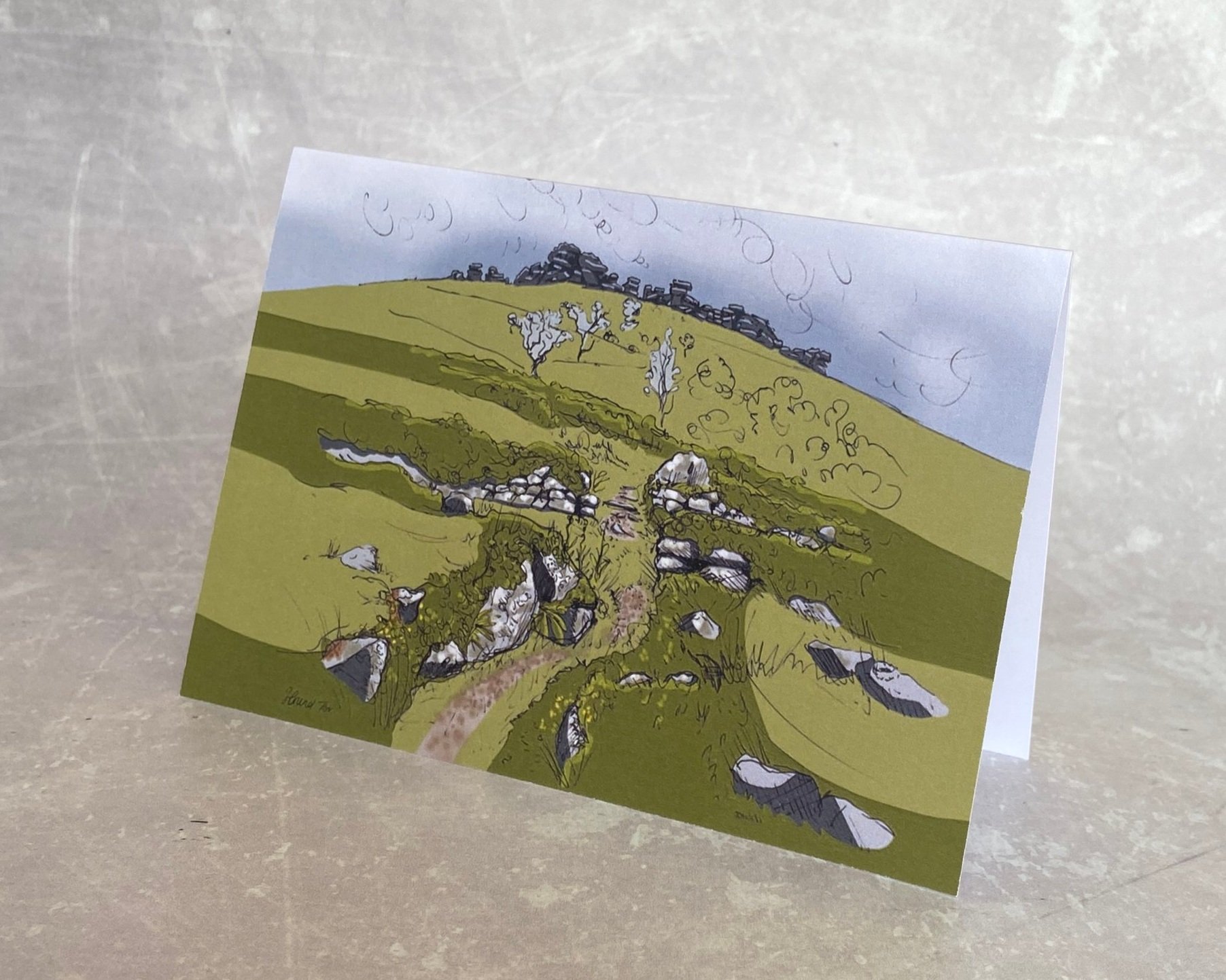 Hound Tor on Dartmoor viewed from Bronze Age medieval village illustrated greetings card by Devon artist Helen Leslie Illustrator