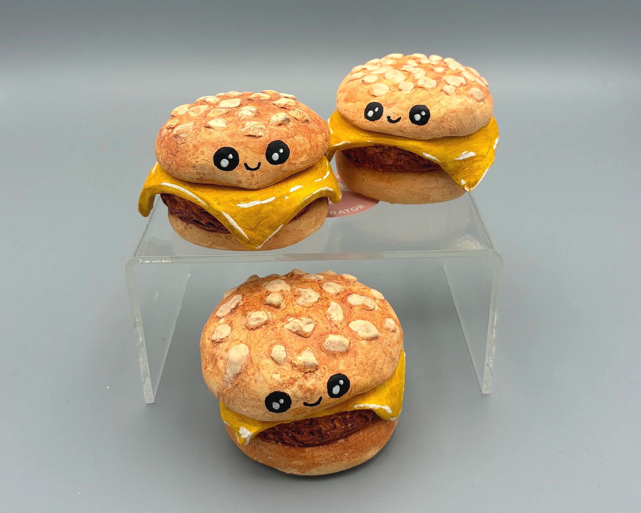 Cheeseburger cute handmade handpainted clay desk buddy by Devon artist Helen Leslie Illustrator