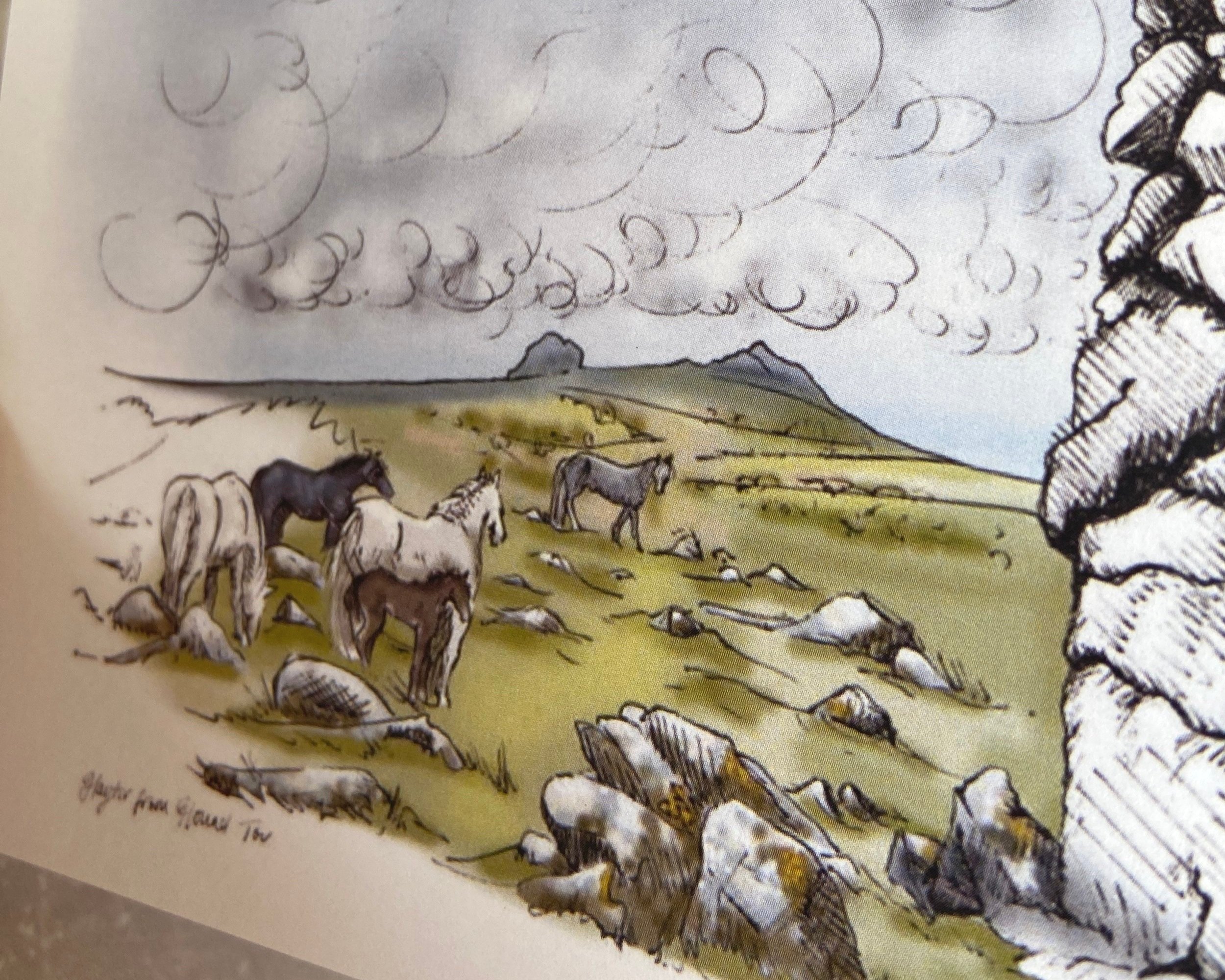 Haytor viewed from Hound Tor, Dartmoor, illustrated greetings card by Devon artist Helen Leslie Illustrator