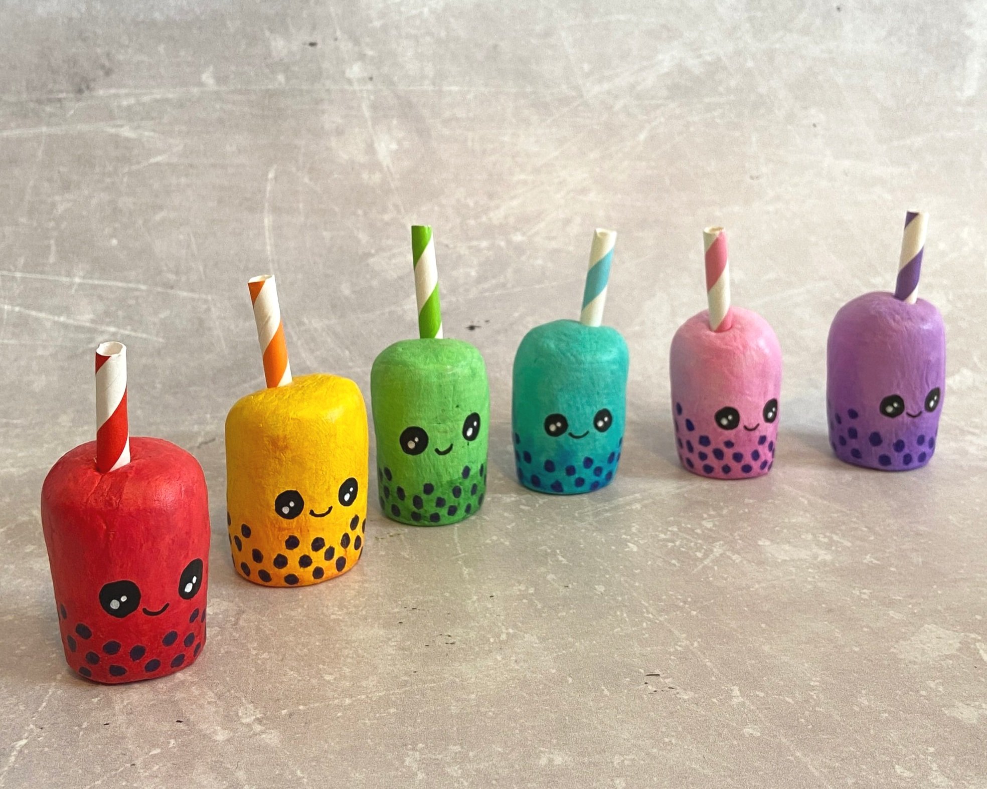 Bubble tea cute clay character desk buddy handmade by Devon artist Helen Leslie Illustrator