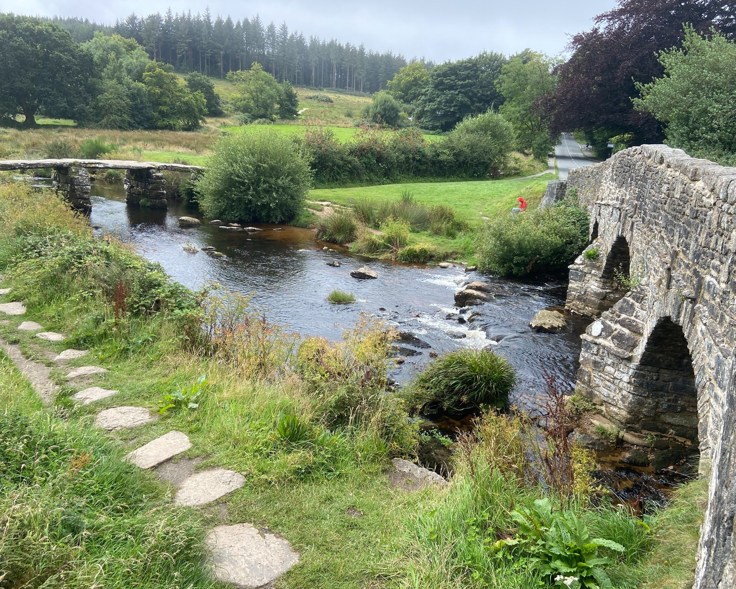 Road bridge and clapper bridge at Postbridge on Dartmoor by Devon artist Helen Leslie Illustrator