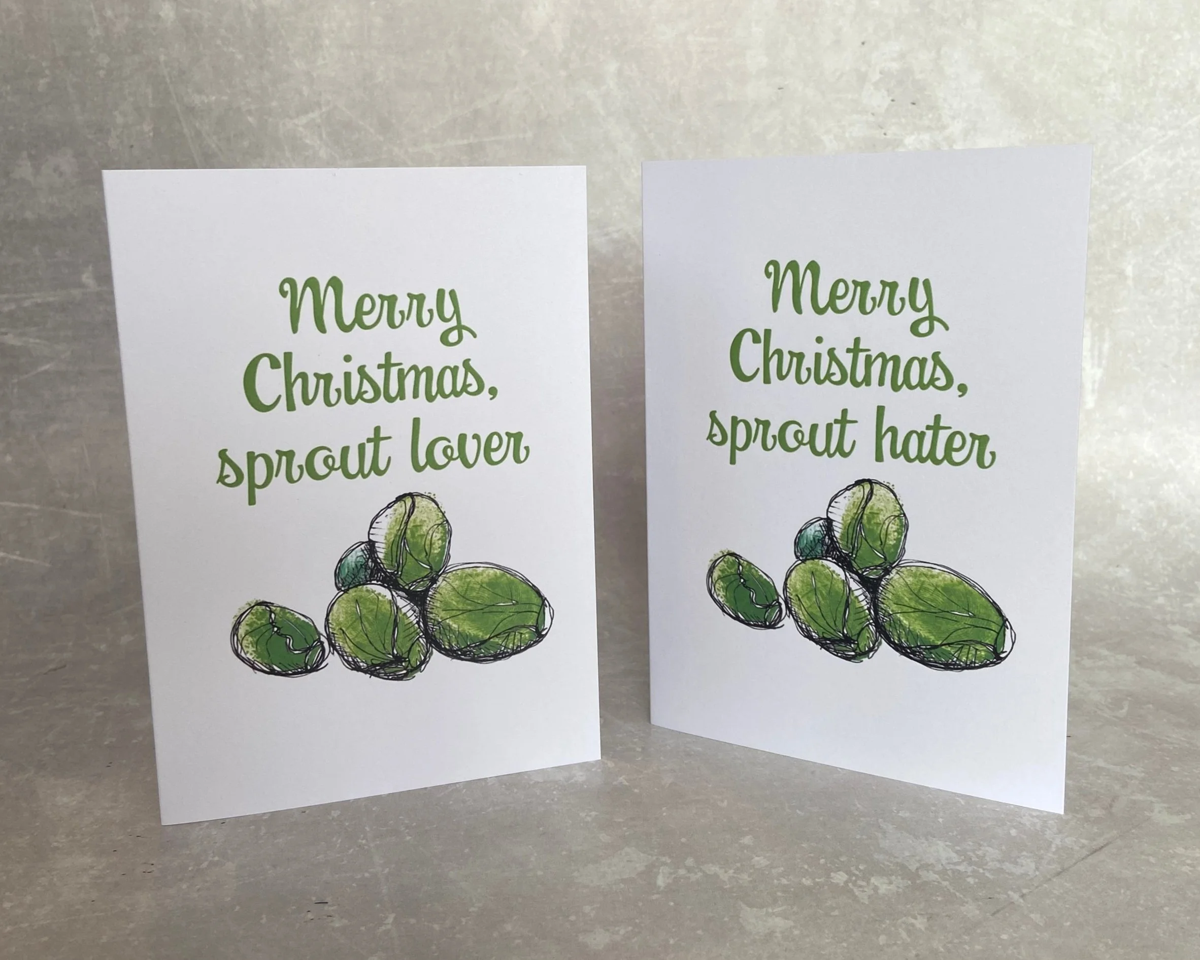 Merry Christmas, sprout lover illustrated greetings card by Devon artist Helen Leslie Illustrator