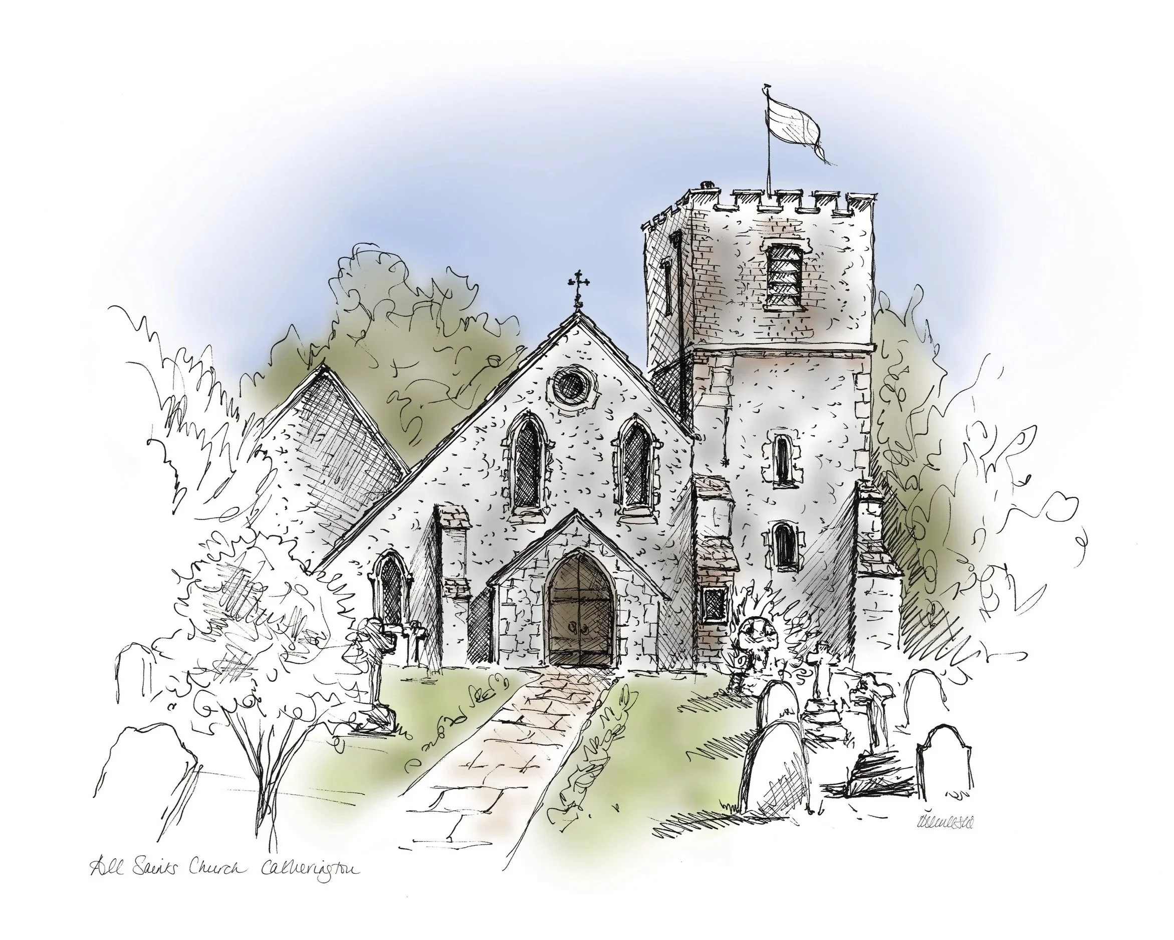 Cripps Barn, Gloucestershire - Bespoke commissioned wedding venue illustrations by Devon artist Helen Leslie Illustrator