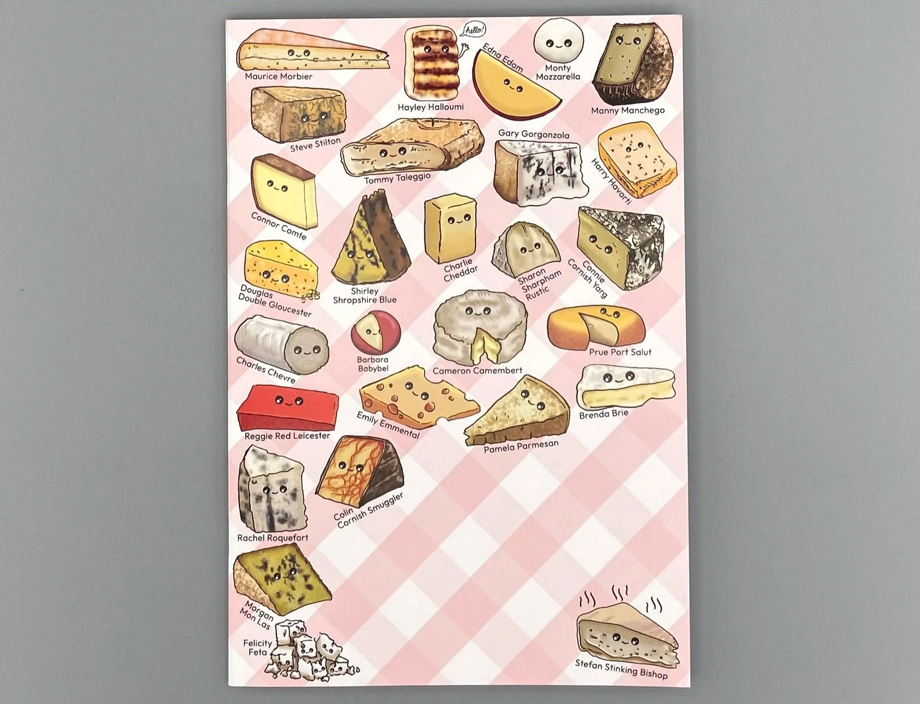 Cheerful Cheeses illustrated cute kawaii style cheese characters with funny names 48 page lined notebook by Devon artist Helen Leslie Illustrator ideal stationery lovers gift stocking filler