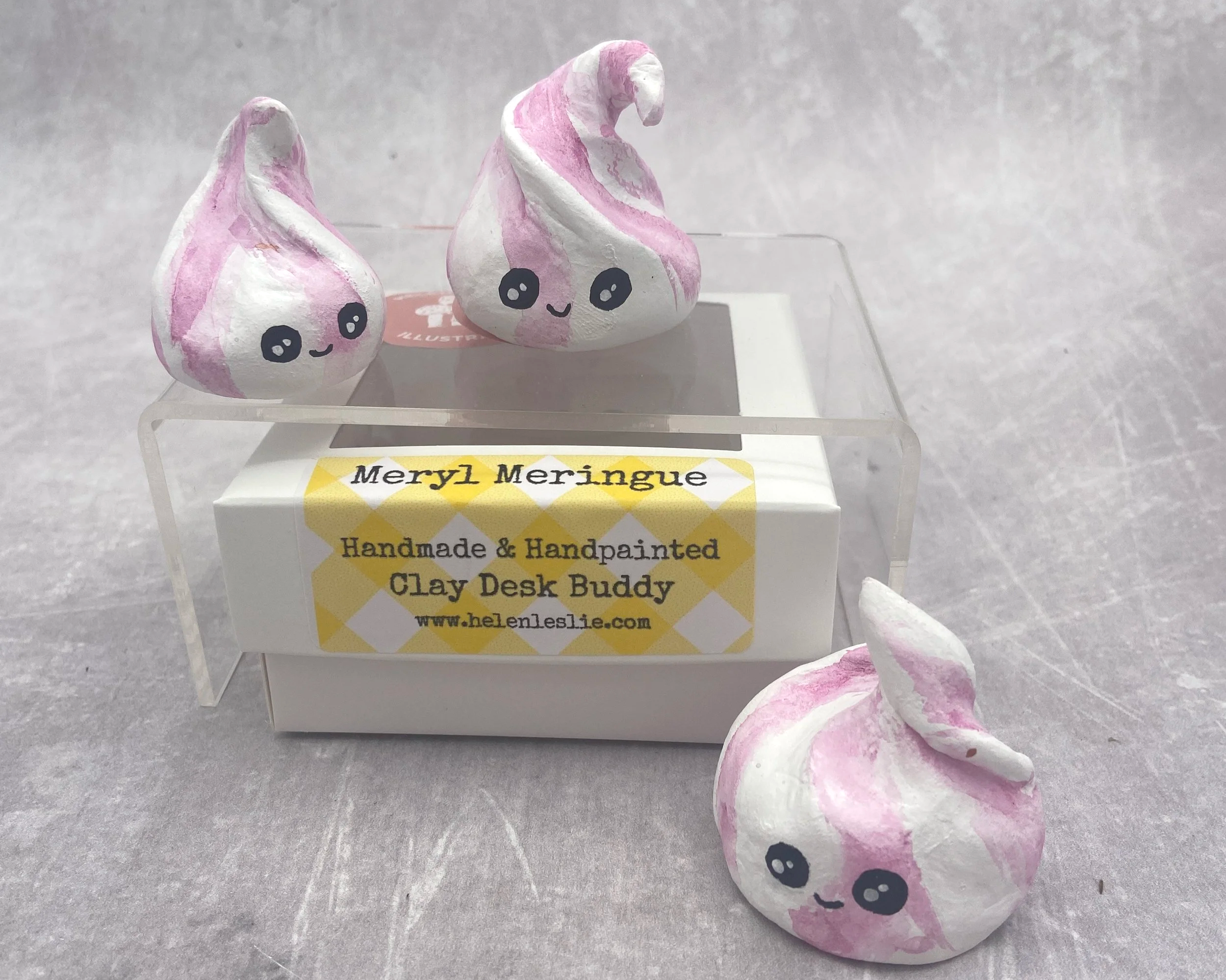 Meringue Kisses cute clay character desk buddy handmade by Devon artist Helen Leslie Illustrator