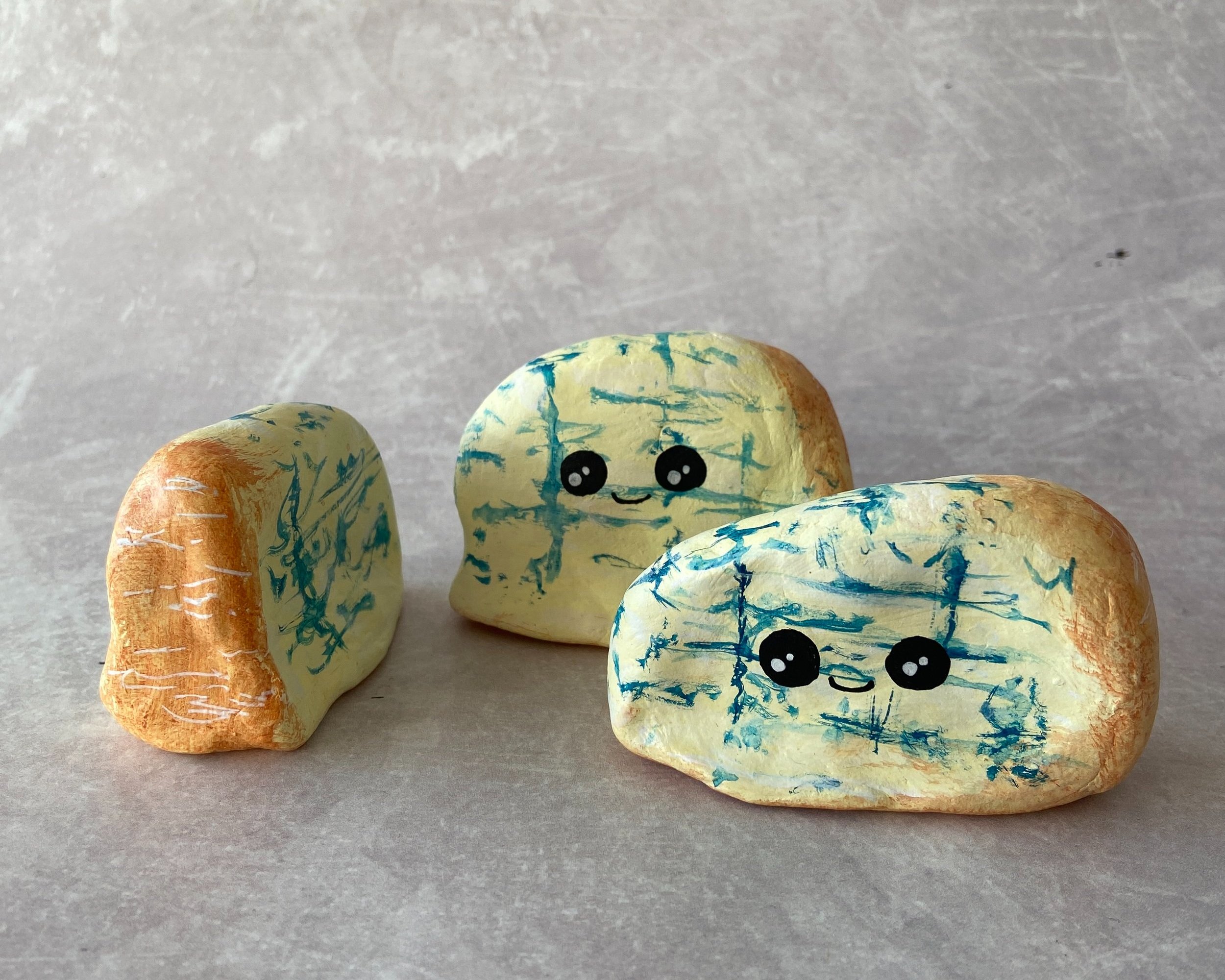 Gorgonzola cheese cute clay character desk buddy handmade by Devon artist Helen Leslie Illustrator