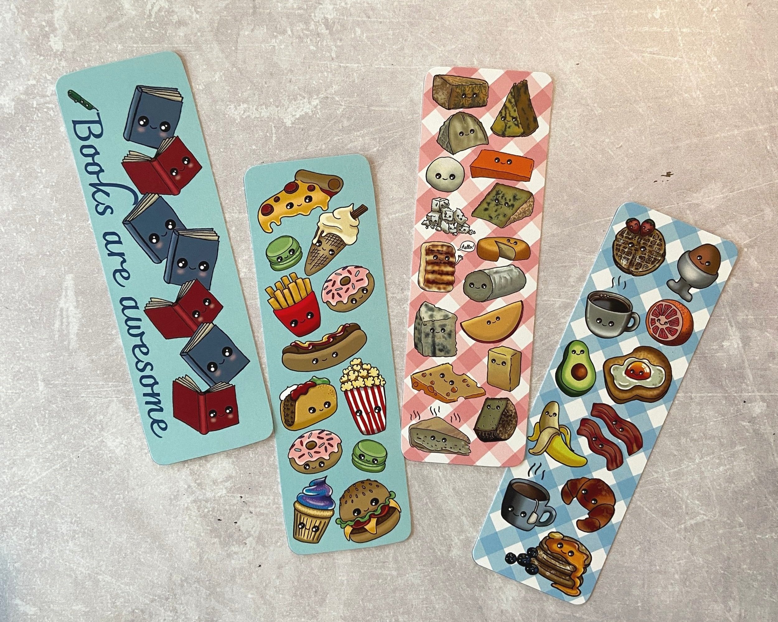 Cute kawaii bookmarks with fast food, breakfast brunch treats, cheese selection and the cutest books and stationery. Ideal gift to brighten up reading time for kids and adults, perfect gift idea