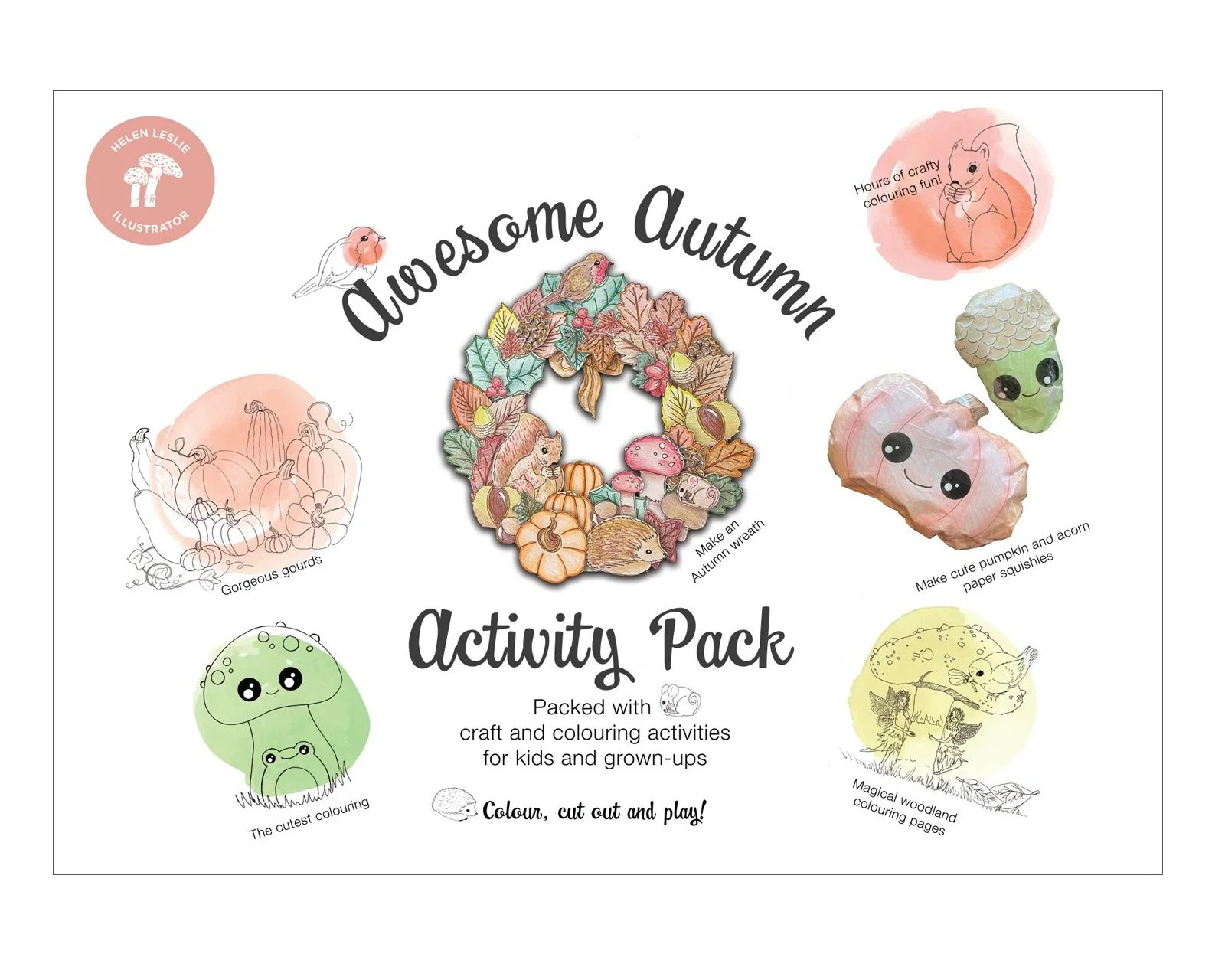 Awesome Autumn Activity Pack designed by Helen Leslie Illustrator full of crafts and colouring activities for children