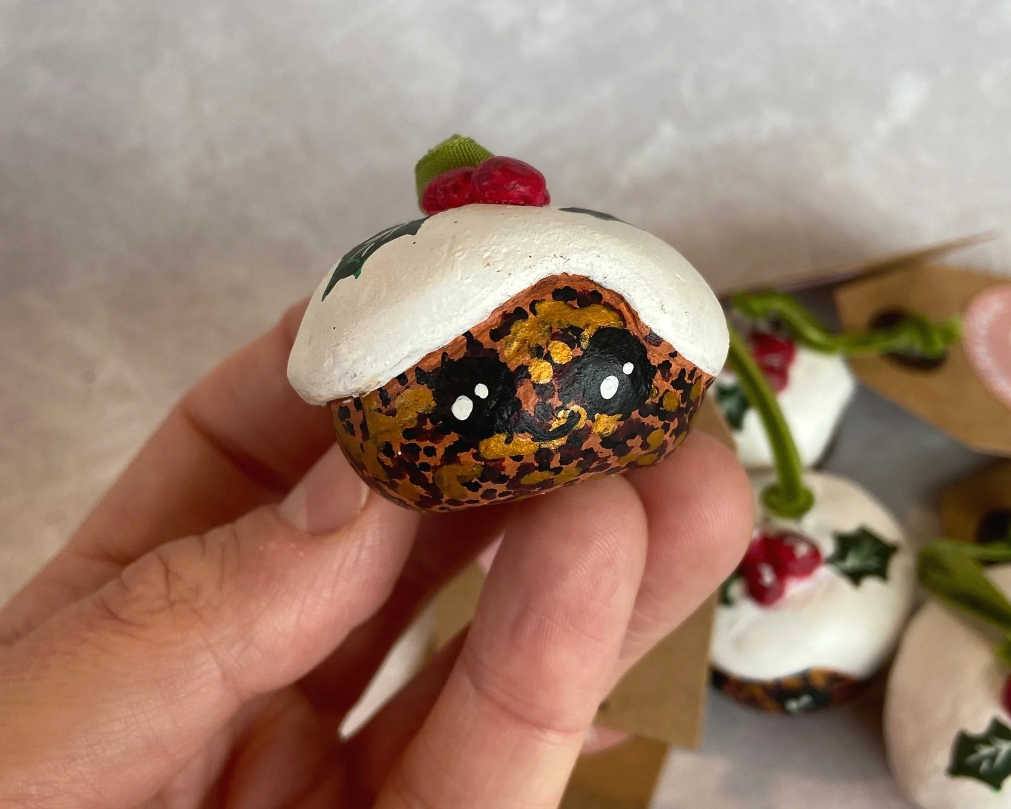 Christmas Pudding Handmade cute kawaii food clay Christmas tree decorations handpainted by Devon artist Helen Leslie Illustrator