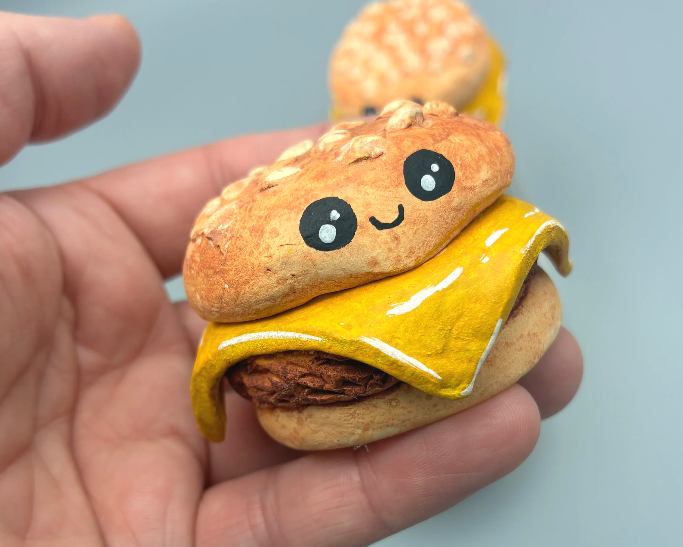 Cheeseburger cute handmade handpainted clay desk buddy by Devon artist Helen Leslie Illustrator