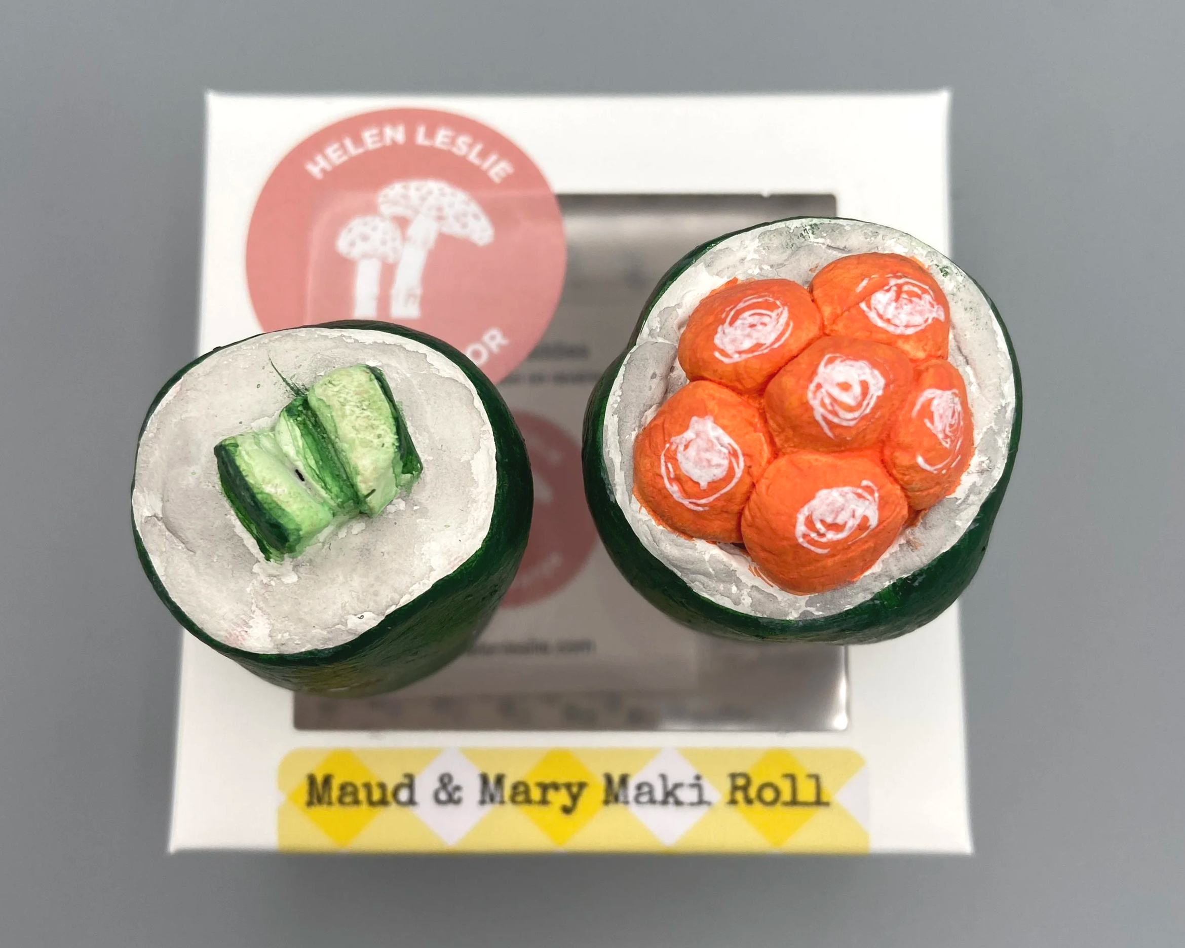 Maki Roll Sushi cute handmade handpainted clay desk buddy by Devon artist Helen Leslie Illustrator