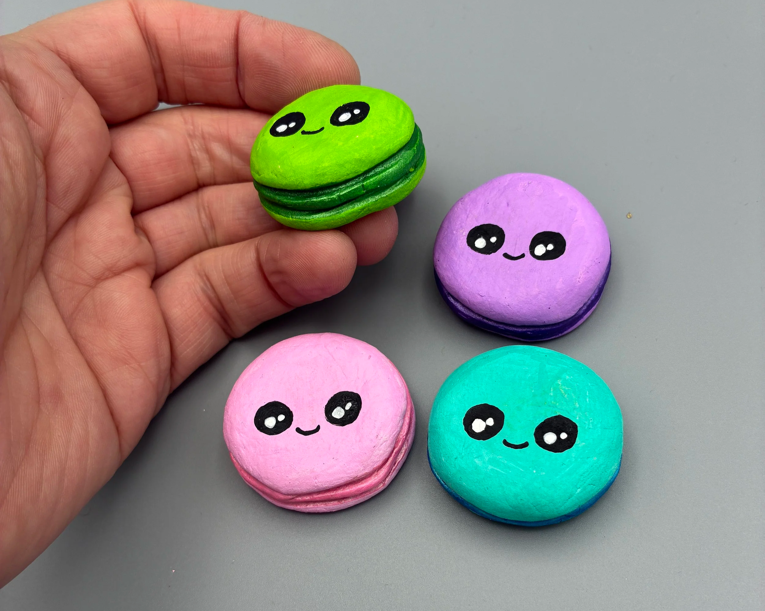 Macarons cute handmade handpainted clay desk buddy by Devon artist Helen Leslie Illustrator