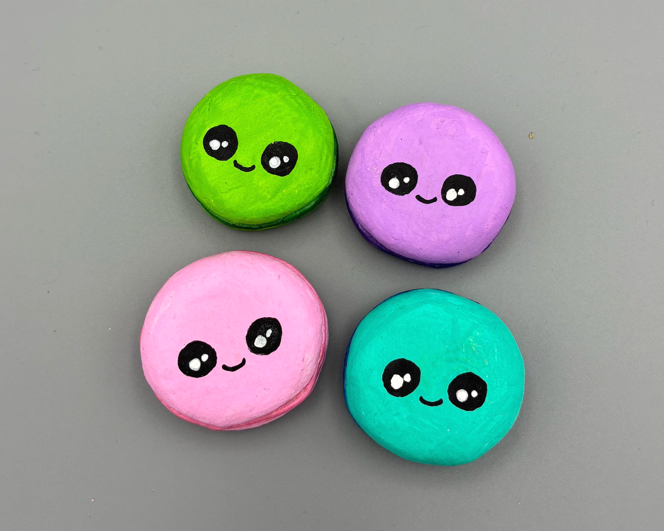 Macarons cute handmade handpainted clay desk buddy by Devon artist Helen Leslie Illustrator