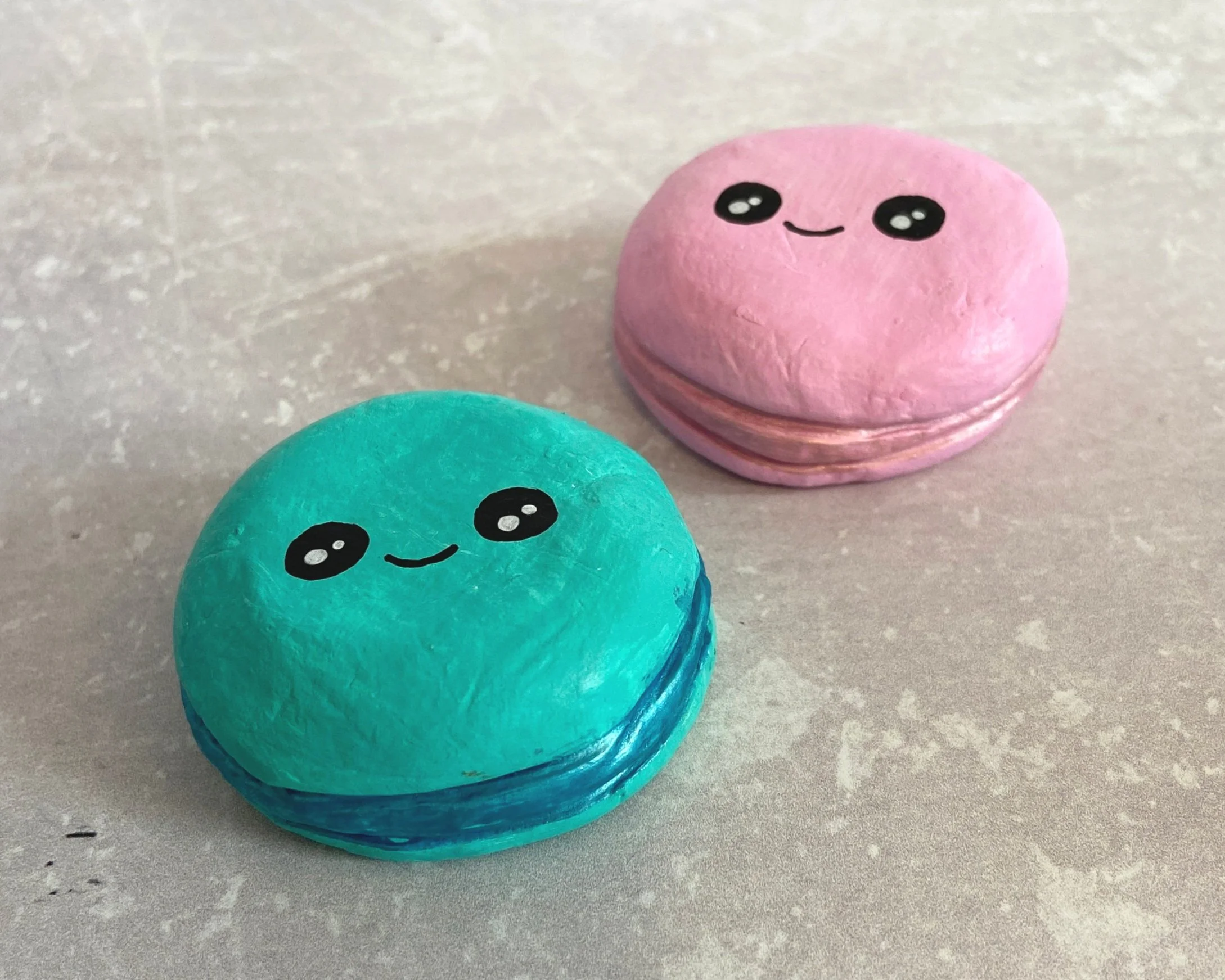 Macaron cute clay character desk buddy handmade by Devon artist Helen Leslie Illustrator