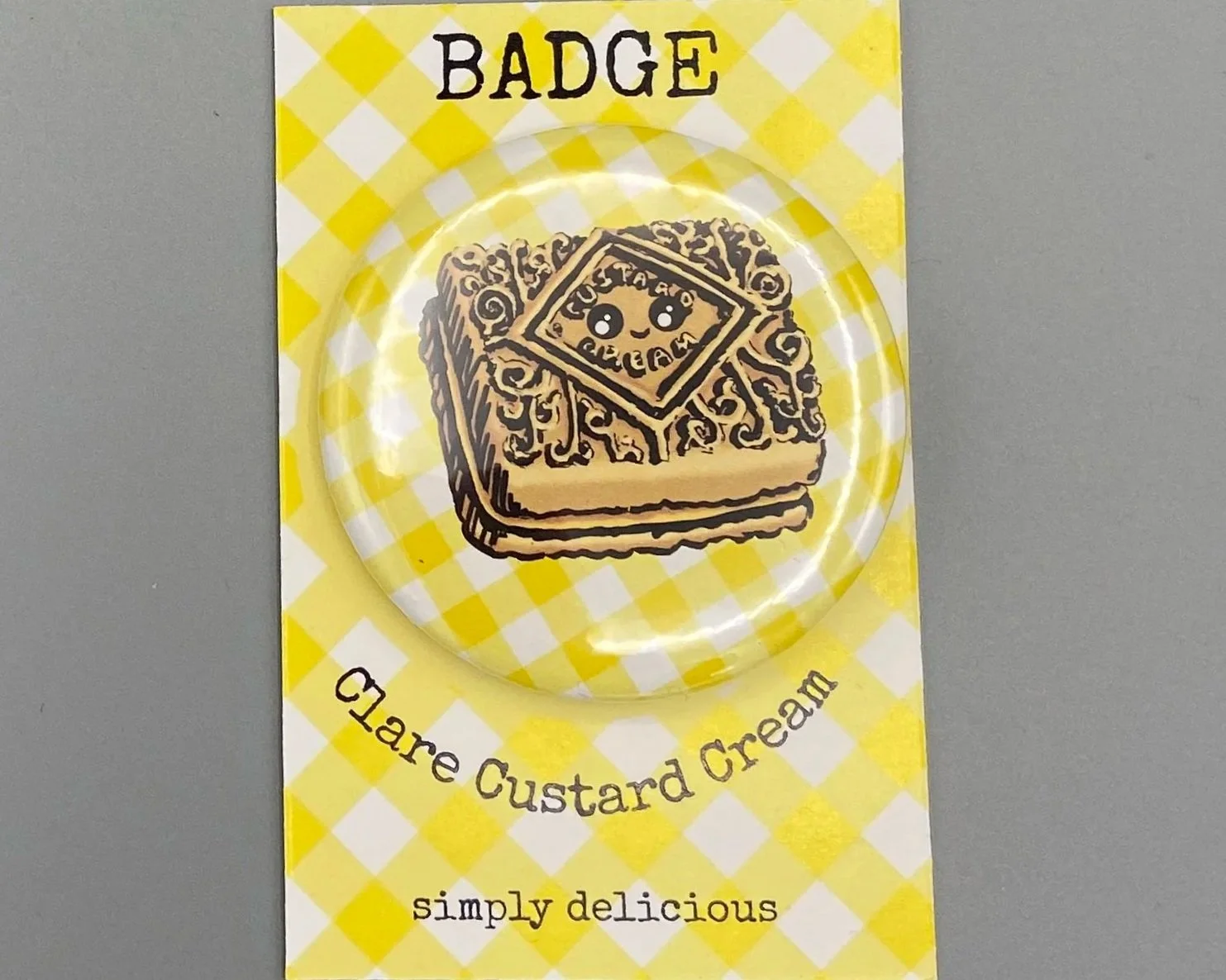 Custard Cream biscuit cute kawaii style gingham 50mm jumbo pin badge