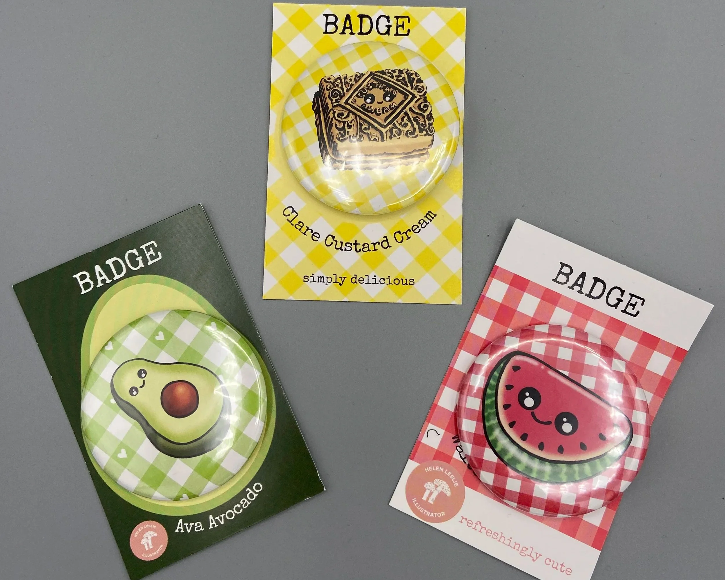 Custard Cream biscuit cute kawaii style gingham 50mm jumbo pin badge