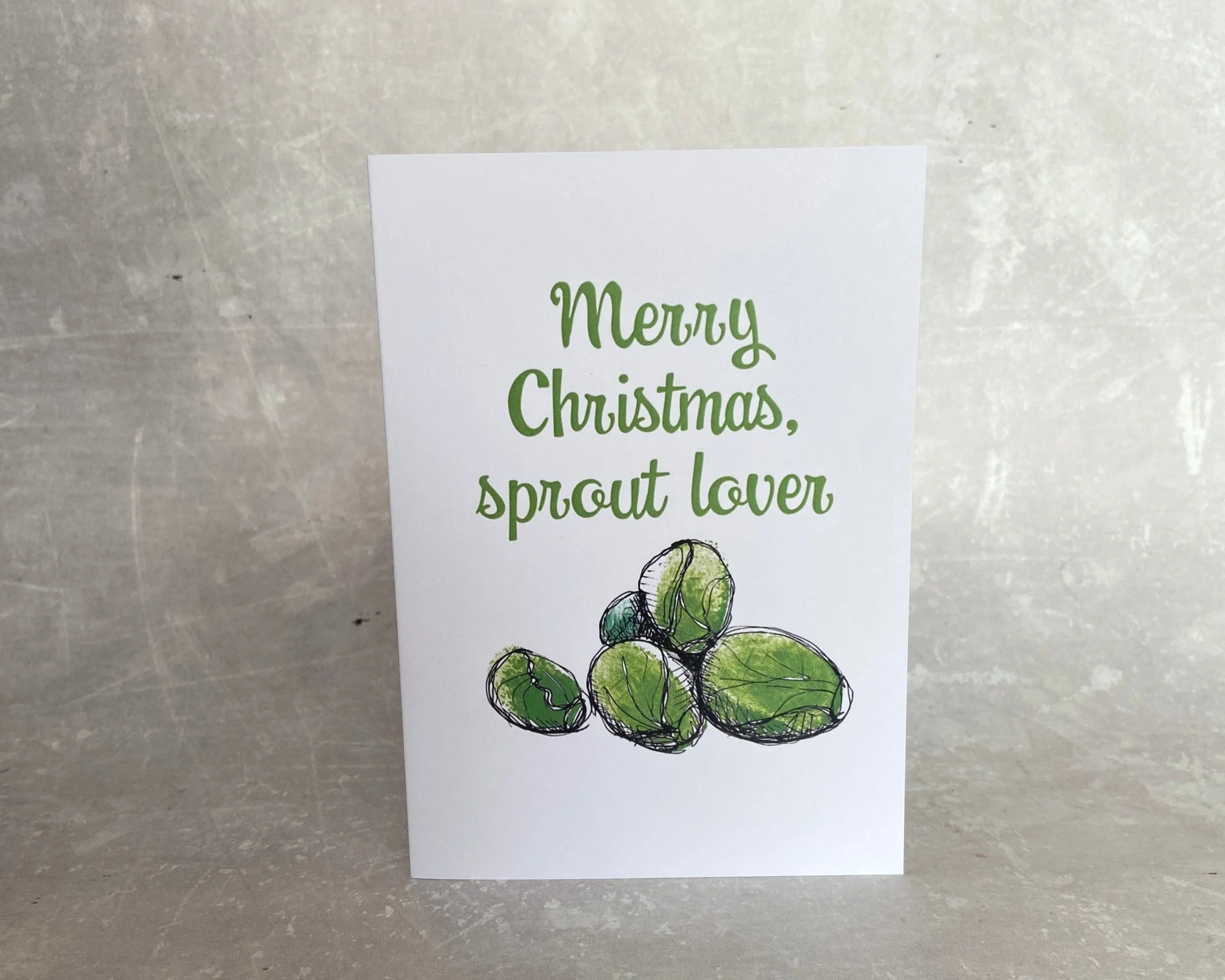 Merry Christmas, sprout lover illustrated greetings card by Devon artist Helen Leslie Illustrator