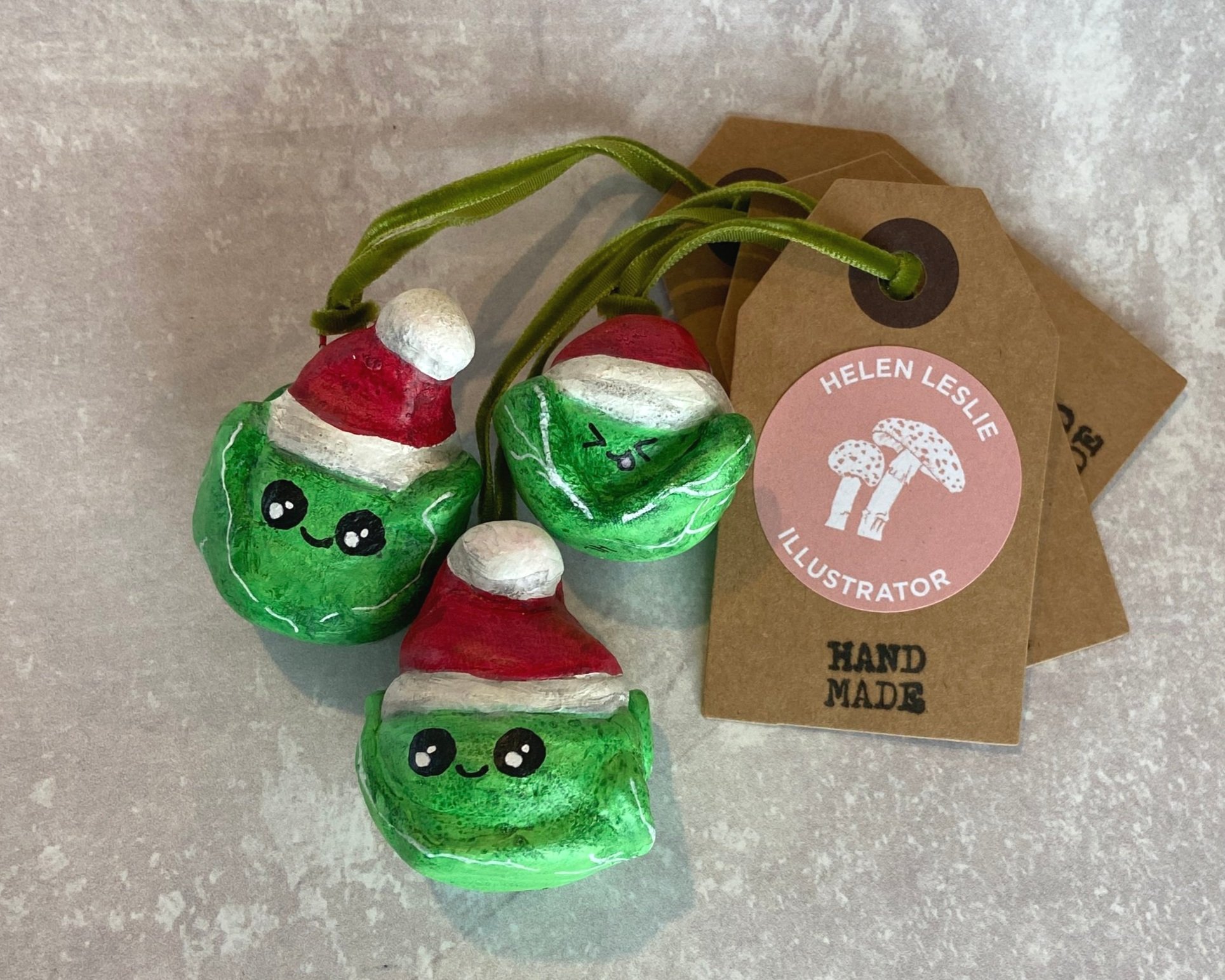Santa Sprout Handmade cute kawaii food clay Christmas tree decorations handpainted by Devon artist Helen Leslie Illustrator